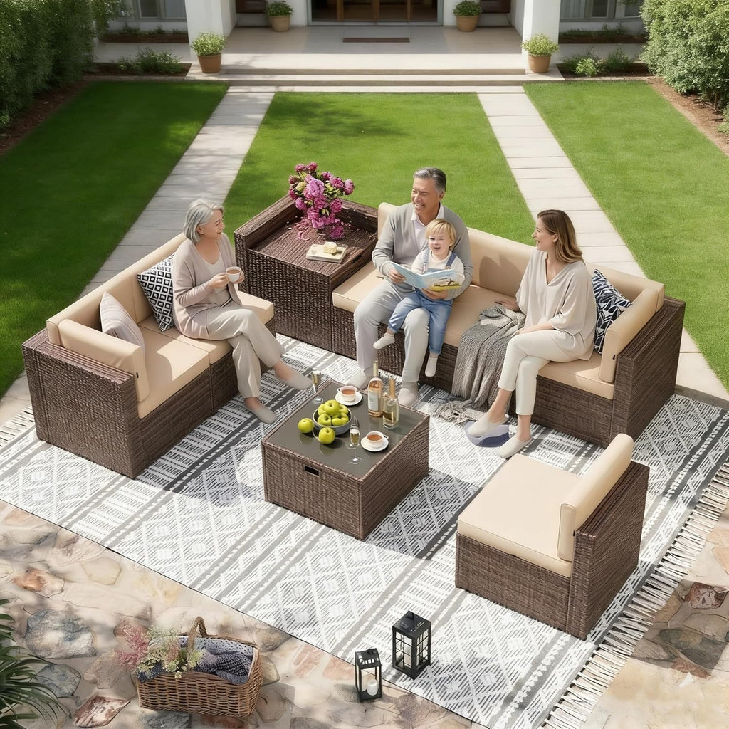 Aoxun 8 Piece Patio Furniture Set, Wicker Rattan Outdoor Furniture Set with Storage Box and Glass Top Table, Patio Sectional Set with Thick Cushions & Waterproof Cover, Beige
