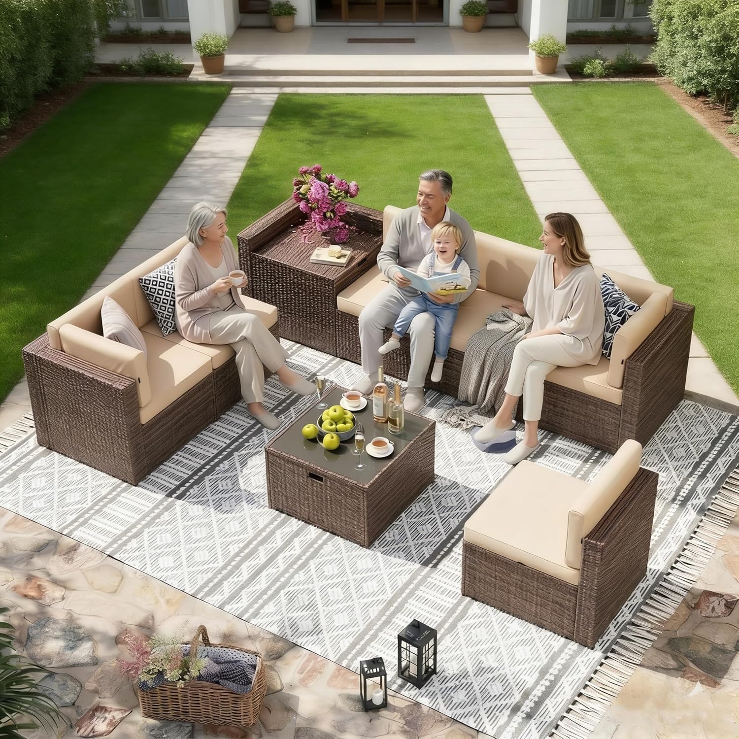Aoxun 8 Piece Patio Furniture Set, Wicker Rattan Outdoor Furniture Set with Storage Box and Glass Top Table, Patio Sectional Set with Thick Cushions & Waterproof Cover, Beige