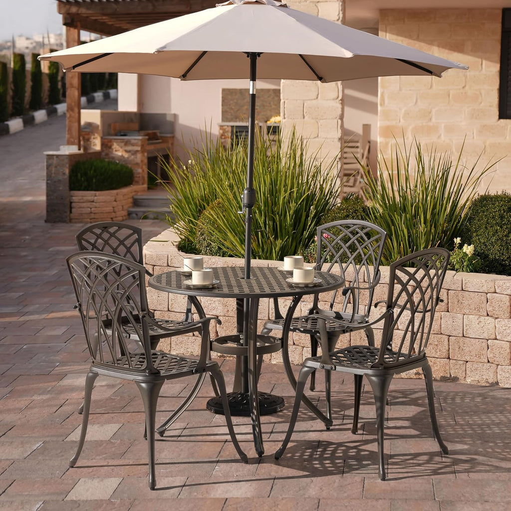 NUU GARDEN 5 Piece Outdoor Patio Dining Set, All-Weather Round Cast Aluminum Dining Table with 1.97'' Umbrella Hole and Outdoor Patio Dining Chairs for Patio, Garden, Backyard, Balcony, Bronze