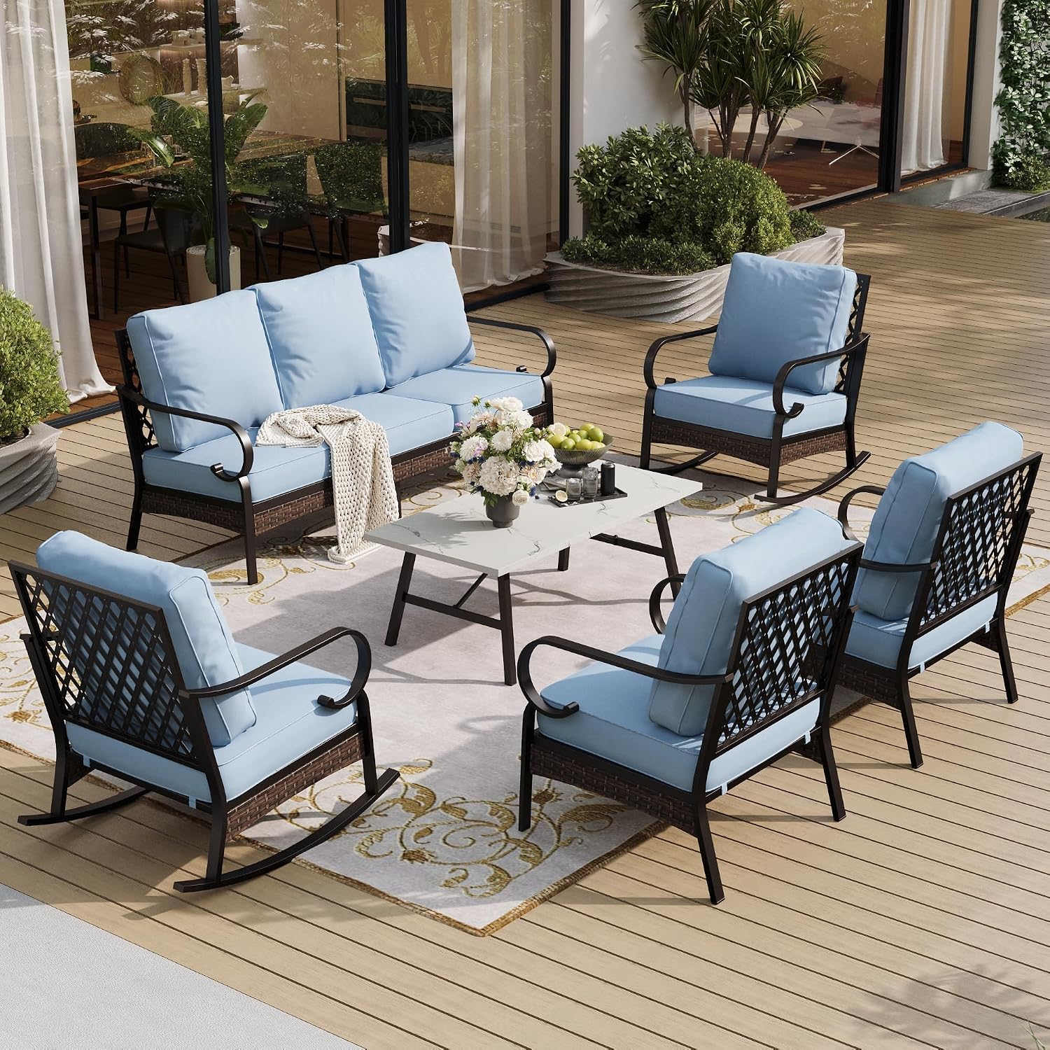 SUNSHINE VALLEY 6 Piece Metal Outdoor Patio Furniture Set, 1 3-Seater & 2 Fixed Sofa, 2 Rocking Sofa with 5.75' Thick Cushion & Coffee Table - Black & Blue