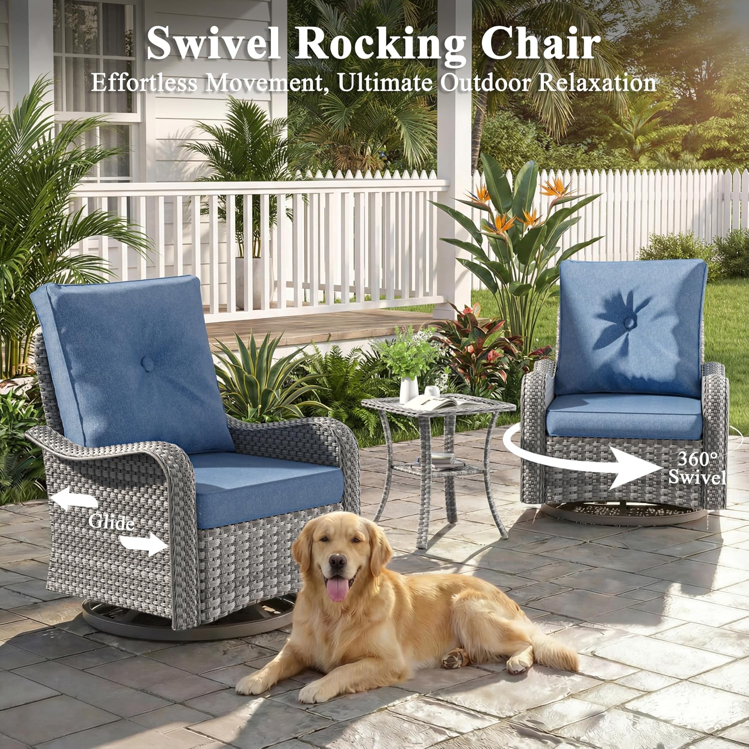2-Seat Modern Patio Furniture Set with Swivel Rocking Chairs, Thick 4″ Cushions, Dual-Strand Wicker Rattan, Rust-Resistant Steel Frame – Outdoor Conversation & Modular Sectional,Navy