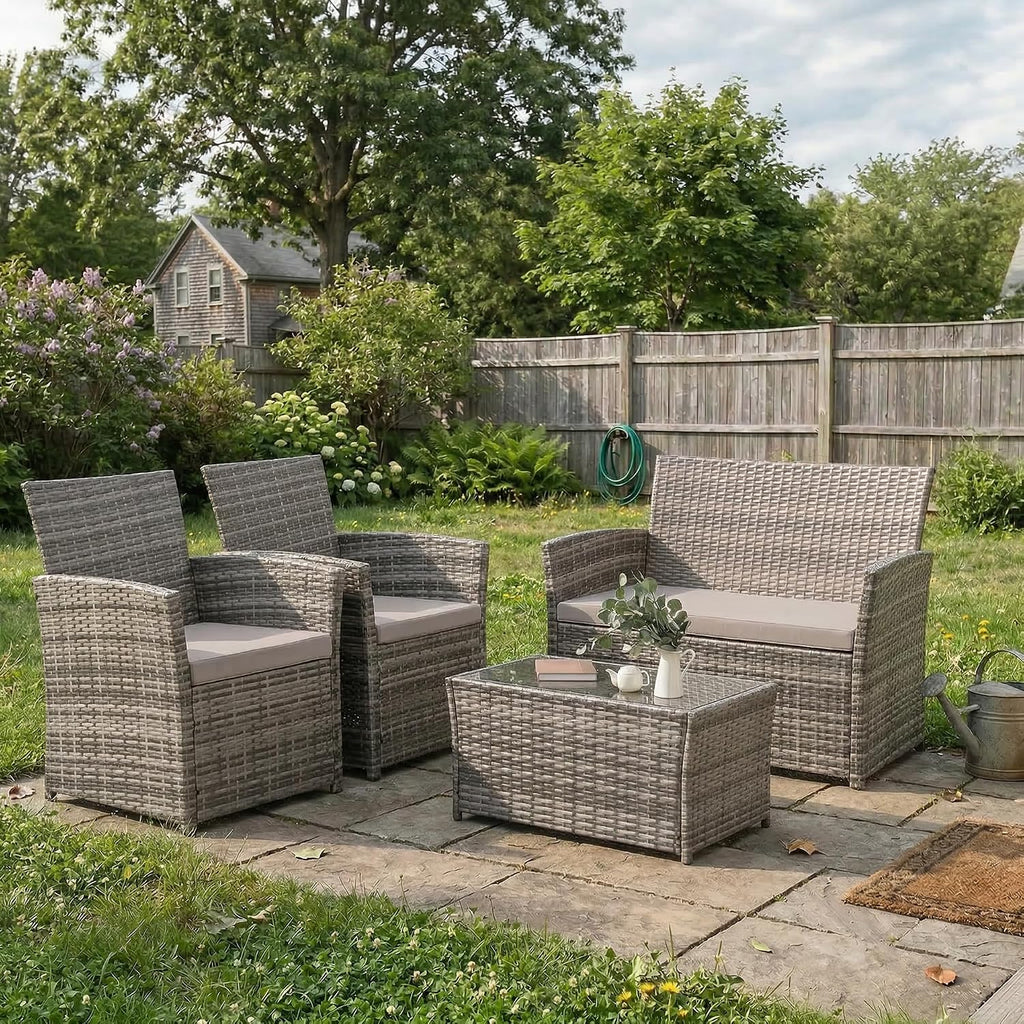 FHFO 4 Piece Outdoor Patio Furniture Sets, Wicker Sectional Conversation Sofa Set, Rattan Table and Chairs and Loveseat with Cushions for Outside Balcony Porch Backyard (Gray-Gray)