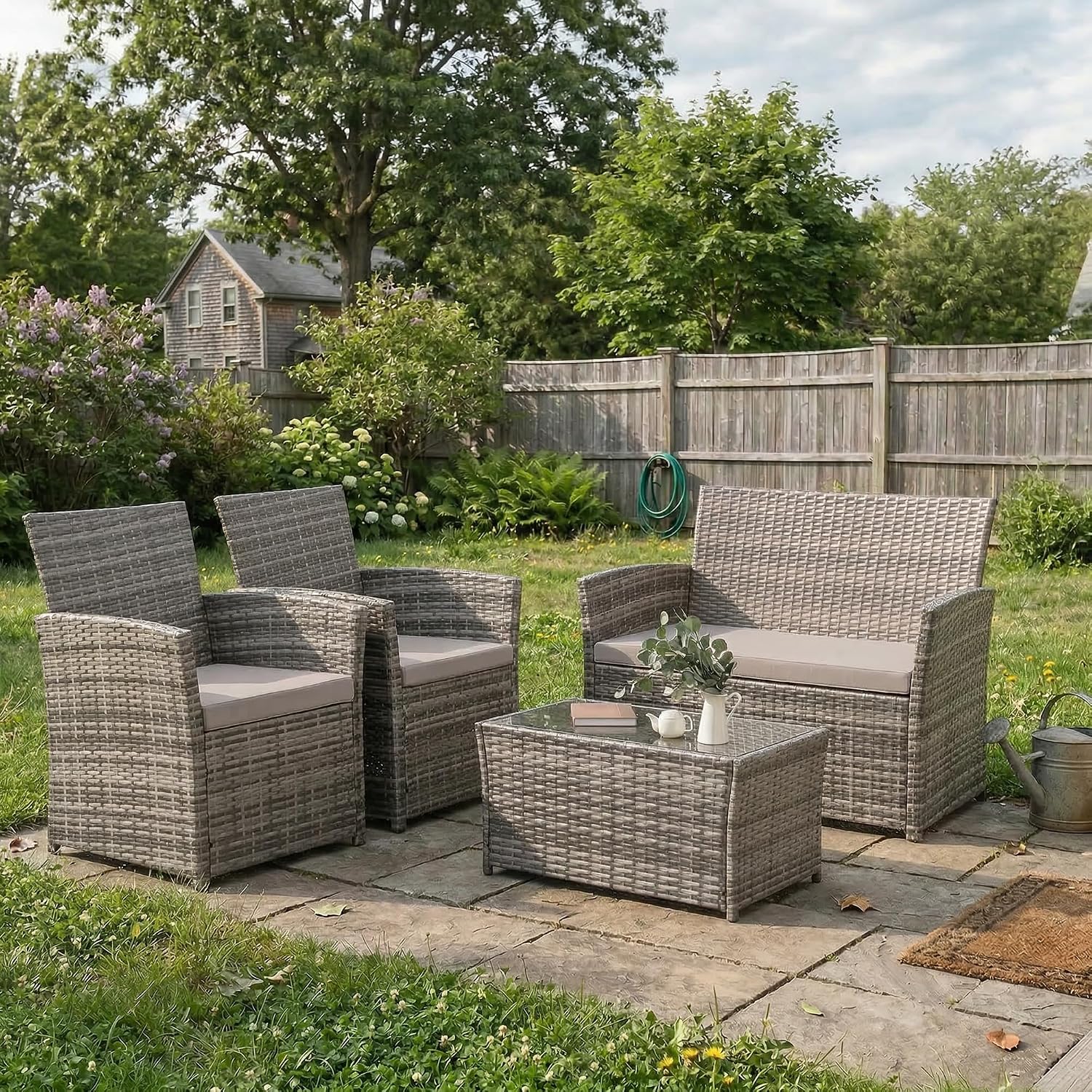 FHFO 4 Piece Outdoor Patio Furniture Sets, Wicker Sectional Conversation Sofa Set, Rattan Table and Chairs and Loveseat with Cushions for Outside Balcony Porch Backyard (Gray-Gray)