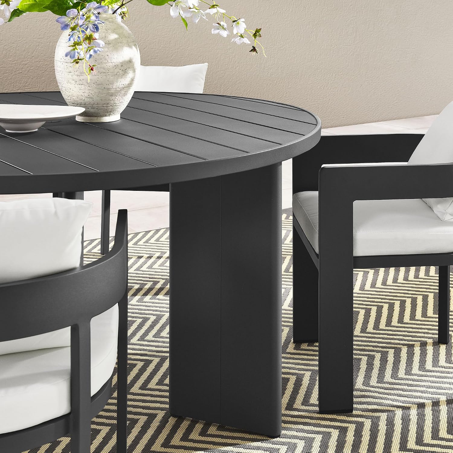 Modway Tahoe Outdoor Patio Powder-Coated Aluminum 5-Piece Dining Set in Gray White - Round Patio Furniture Set for 4 - Outside Table with Umbrella Hole and Cushioned Chairs - Modern Patio Set