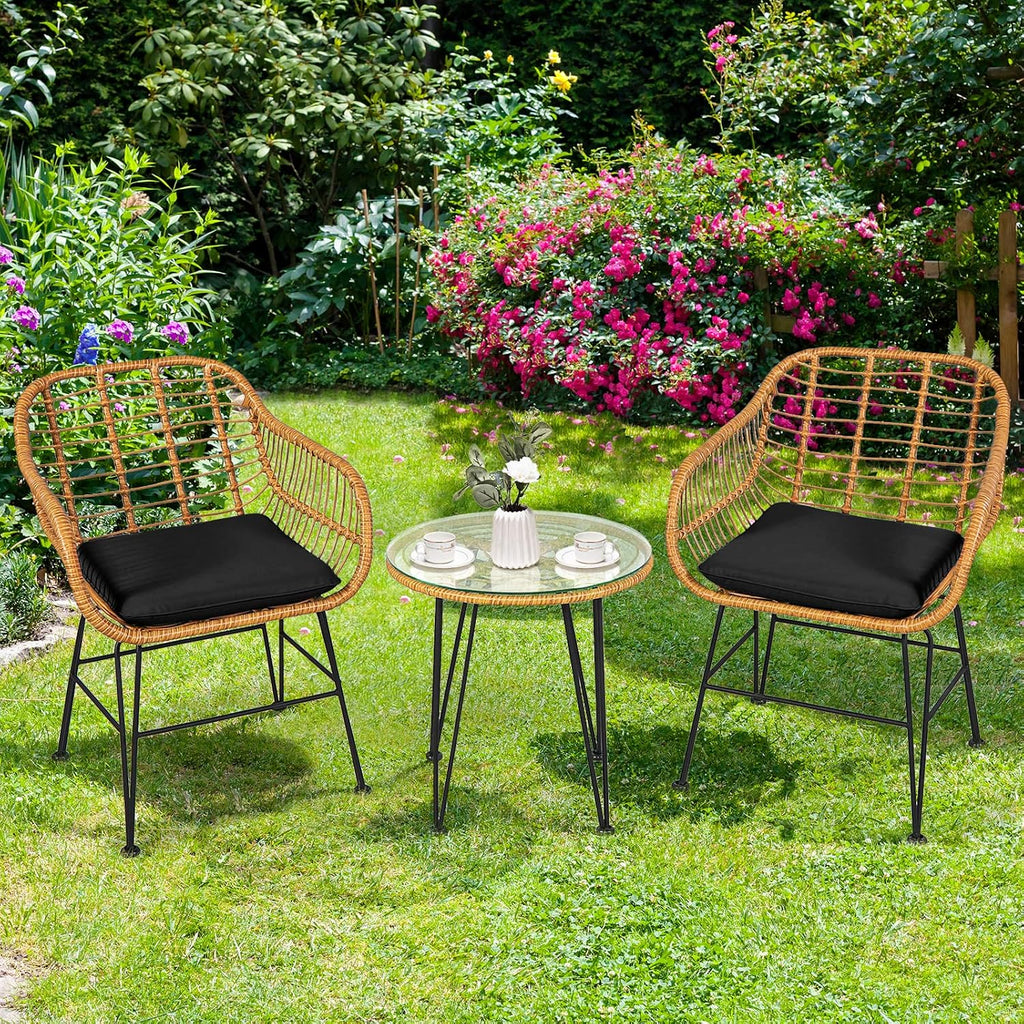 Tangkula 3 Pieces Patio Bistro Set, Rattan Conversation Set with 2 Cushioned Armchairs & Round Glass Coffee Table, Indoor Outdoor Wicker Furniture Set for Balcony, Backyard, Garden, Poolside