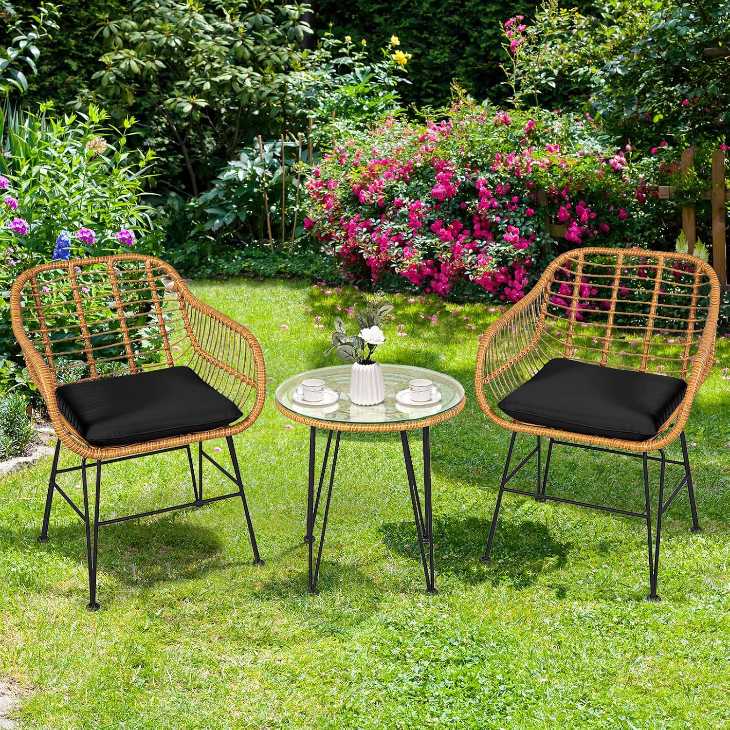 Tangkula 3 Pieces Patio Bistro Set, Rattan Conversation Set with 2 Cushioned Armchairs & Round Glass Coffee Table, Indoor Outdoor Wicker Furniture Set for Balcony, Backyard, Garden, Poolside