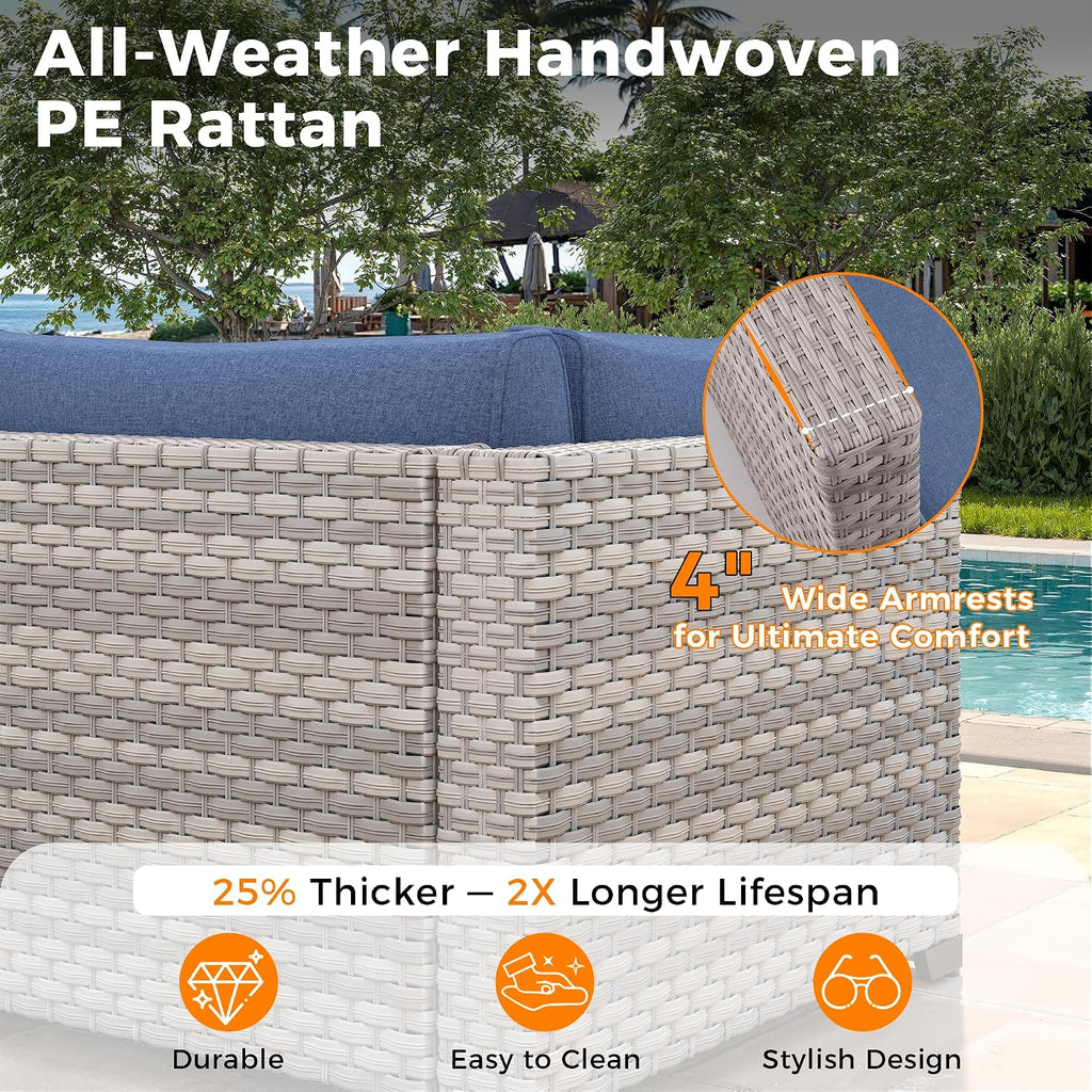 8-Seat Outdoor Wicker Patio Furniture Set with Fire Pit Table, Modular Rattan Sectional Sofa & 2 Swivel Rocking Chairs, 4' Thick Cushions, Rust-Resistant Frame,Navy