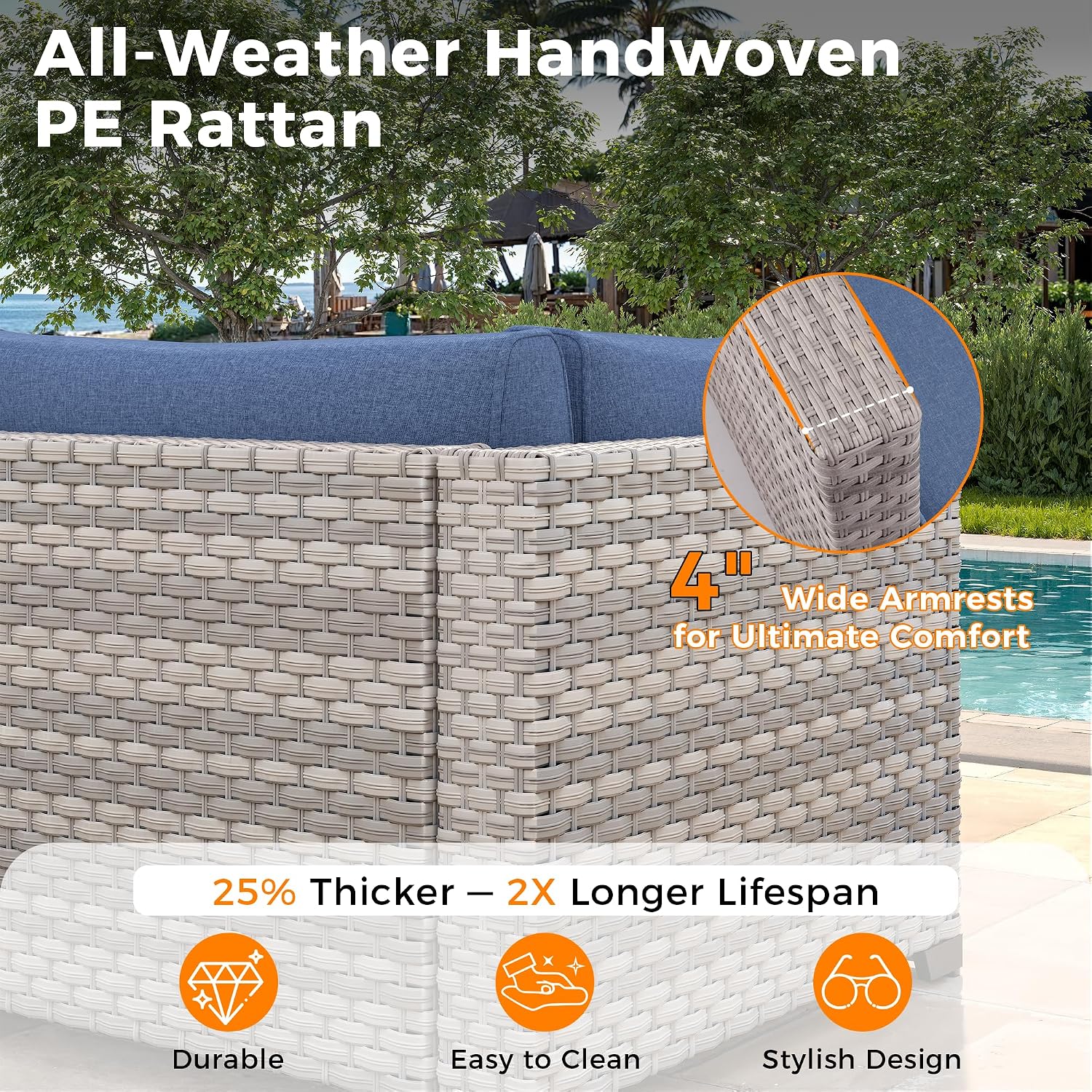 8-Seat Modern Patio Furniture Set with Swivel Rocking Chairs, Thick 4″ Cushions, Dual-Strand Wicker Rattan, Rust-Resistant Steel Frame – Outdoor Conversation & Modular Sectional,Navy