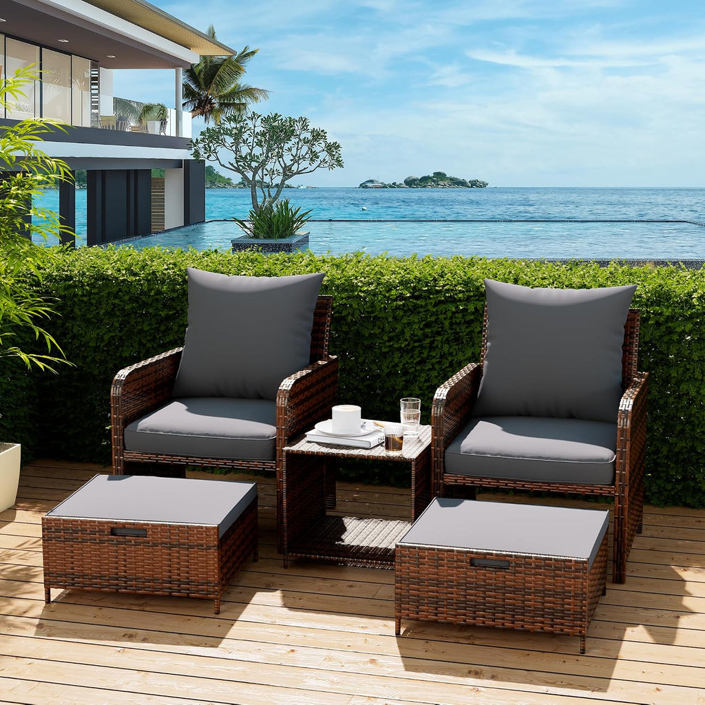 UDPATIO Balcony Furniture Patio Chairs with Ottoman, 5 Piece Wicker Patio Furniture Set with Footrest for Front Porch Small Space