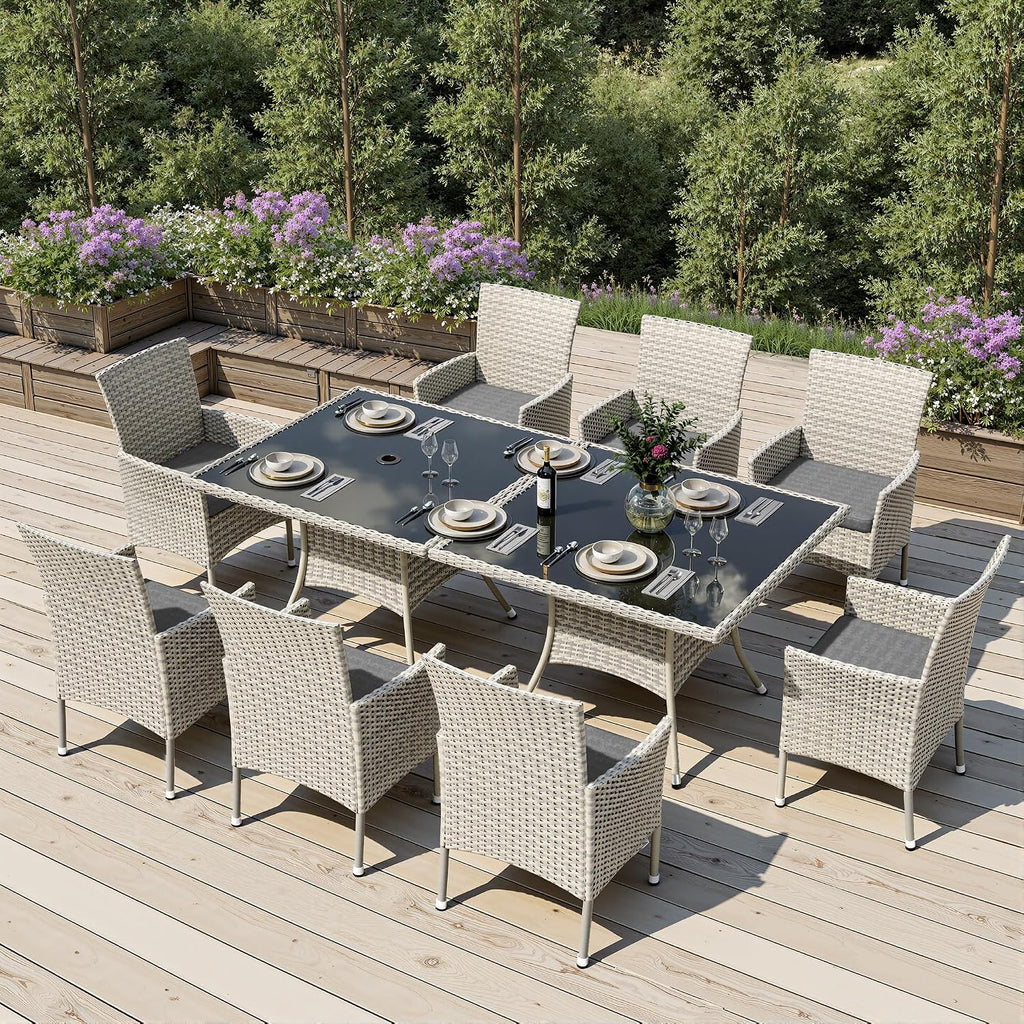 Outdoor Dining Set, 10-Piece Patio Furniture Set with Tempered Glass Table and 8 Cushioned Chairs, Dual-Strand Wicker Rattan, Balcony Furniture for Backyard, Garden, Deck,– Gray