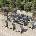 Outdoor Dining Set, 10-Piece Patio Furniture Set with Tempered Glass Table and 8 Cushioned Chairs, Dual-Strand Wicker Rattan, Balcony Furniture for Backyard, Garden, Deck,– Gray