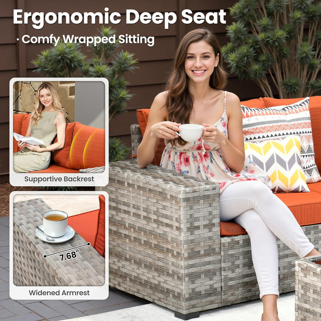 ovios 12 Pieces Patio Furniture Set, Outdoor Wicker Sectional Sofa with Coffee Table Comfy Cushions, Modern Modular Deep Seat Couch Rattan Conversation Set, Orange Red
