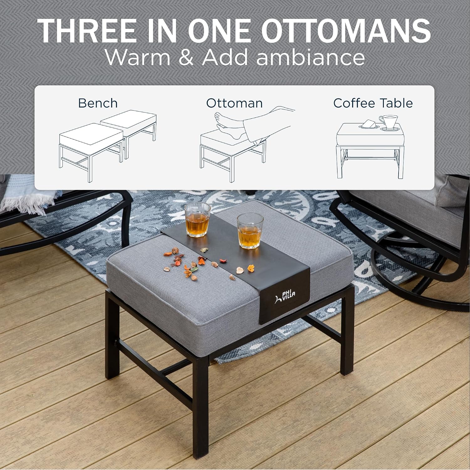 PHI VILLA 7 PCS Patio Furniture Set,Metal Outdoor Furniture with 1x 3 Seater Cushioned Deep Seating Bench Sofa, 2 Swivel Chair, 2 x Leg Chairs & 2 Ottoman for 7 Person, Grey