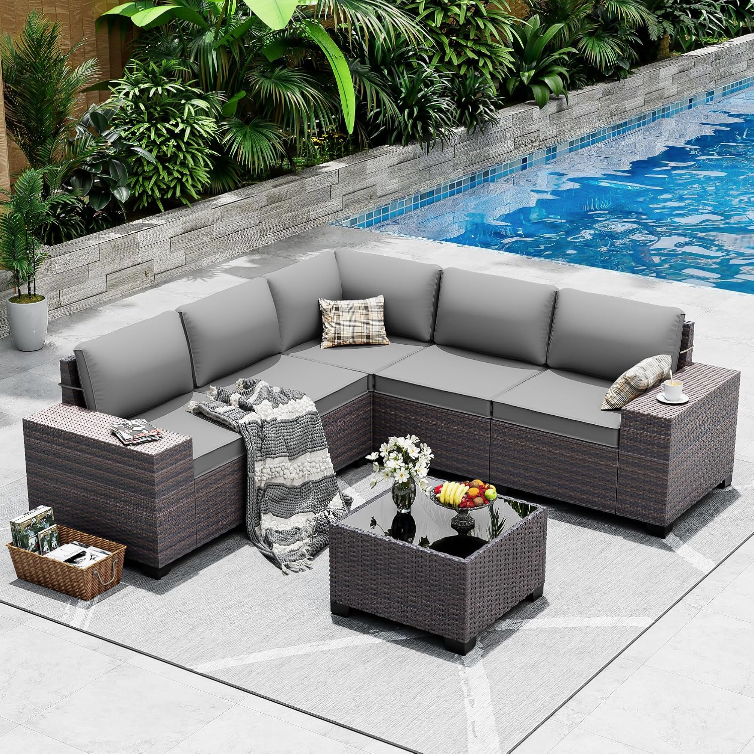 Outdoor Patio Furniture Set, 6 Pieces Outdoor Sectional Furniture High Backrest Patio Sofa, All-Weather PE Rattan Patio Conversation Set with Coffee Table & Cushions