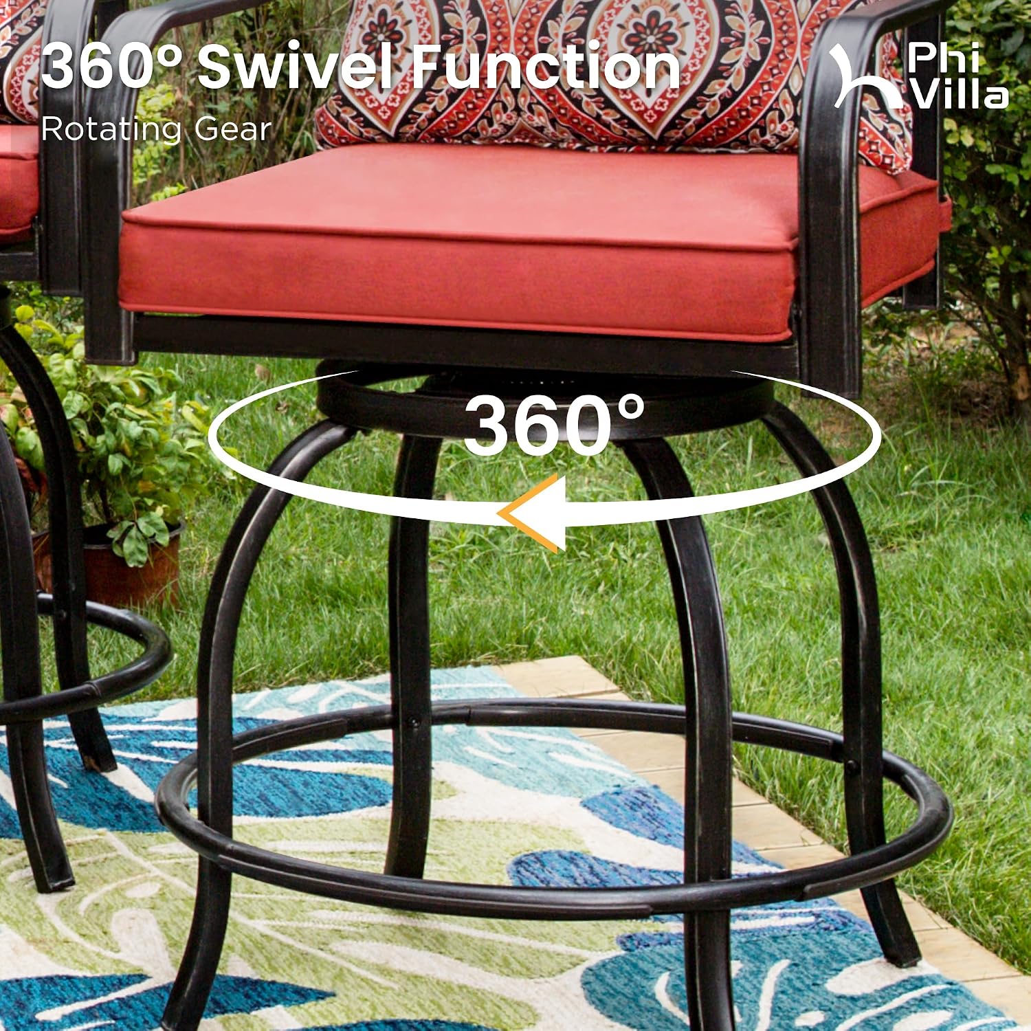 PHI VILLA 3 Piece Outdoor Bar Furniture Set, Counter-Height Patio Bistro Table & Swivel Bar Stools Chairs with Red Cushion for Garden, Backyard, Deck
