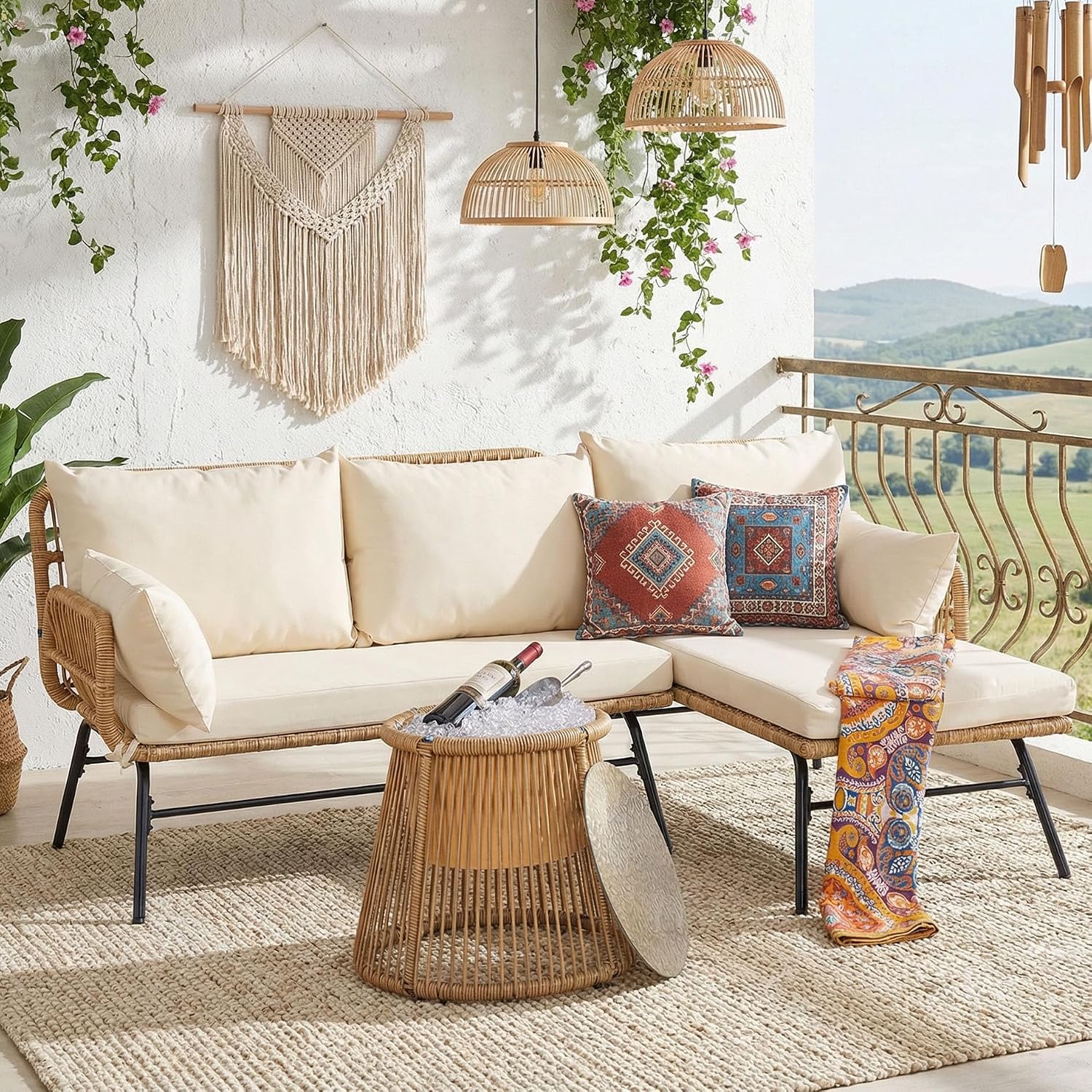 NICESOUL Boho 3-Piece L-Shaped Outdoor Patio Furniture Set with Comfy 2' Thickened Cushion, High Back Wicker Lounge Sectional Sofa w/Ice Bucket for Porch Balcony Deck Garden, Beige