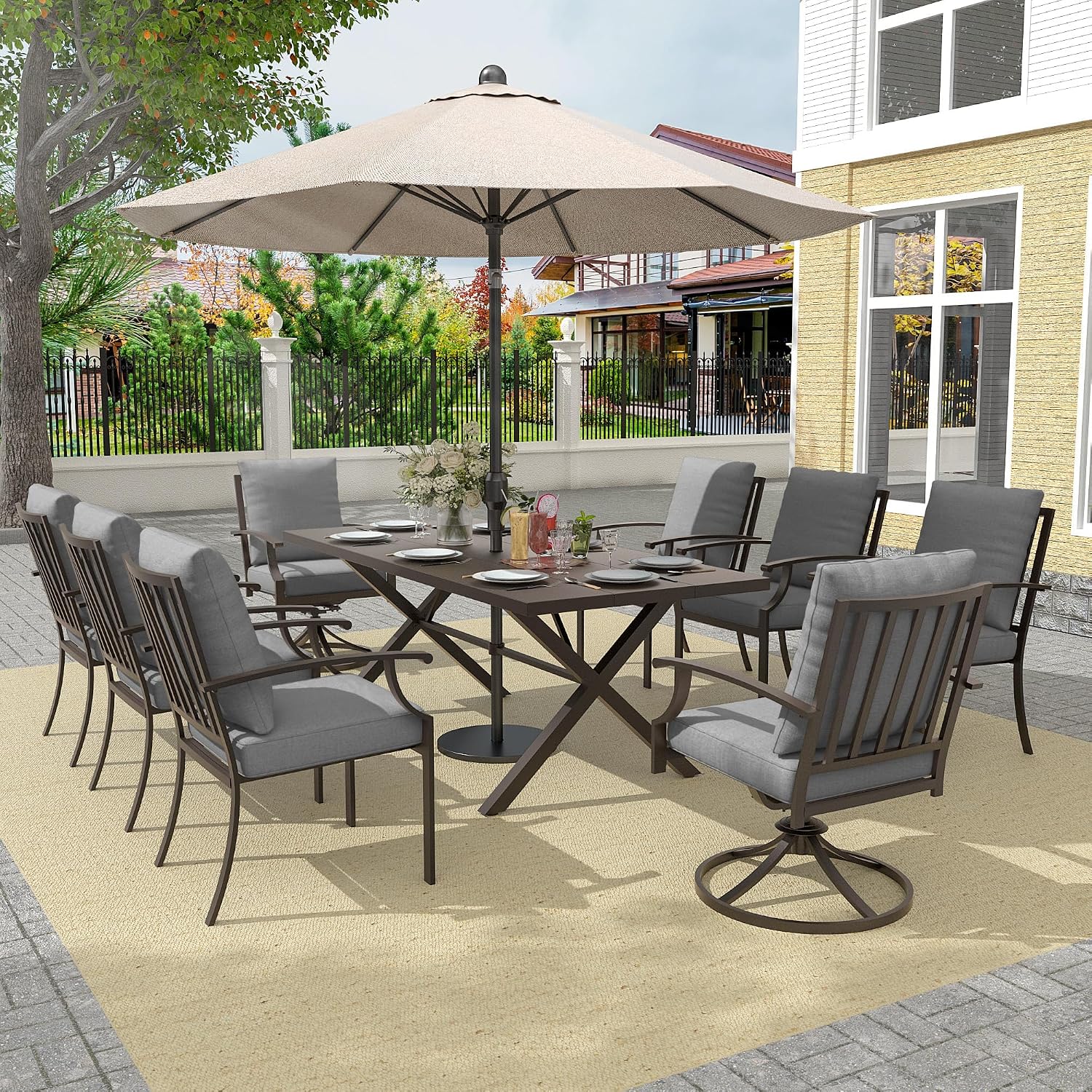 Gotland 9 Piece Outdoor Dining Set, Metal Outdoor Table and Swivel Chairs with X-Shaped Legs 1.5' Umbrella Hole, Patio Furniture Set with Waterproof Cushions, Patio Dining Sets for Backyard Deck Gray
