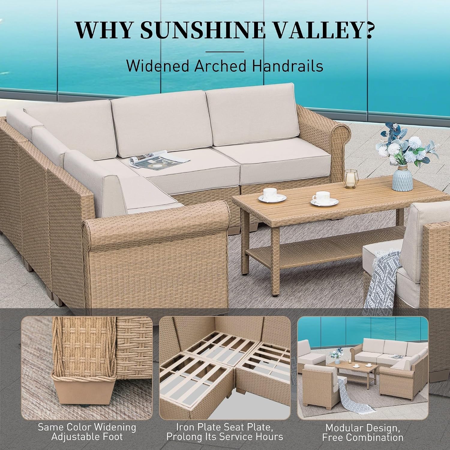 SUNSHINE VALLEY Patio Rattan loveseat, 2-Seat Wicker Rattan Sofa with 5.5' Thick Waterproof Cushions, All Weather Outdoor Conversation Set for Lawn Backyard Garden and Deck, Beige