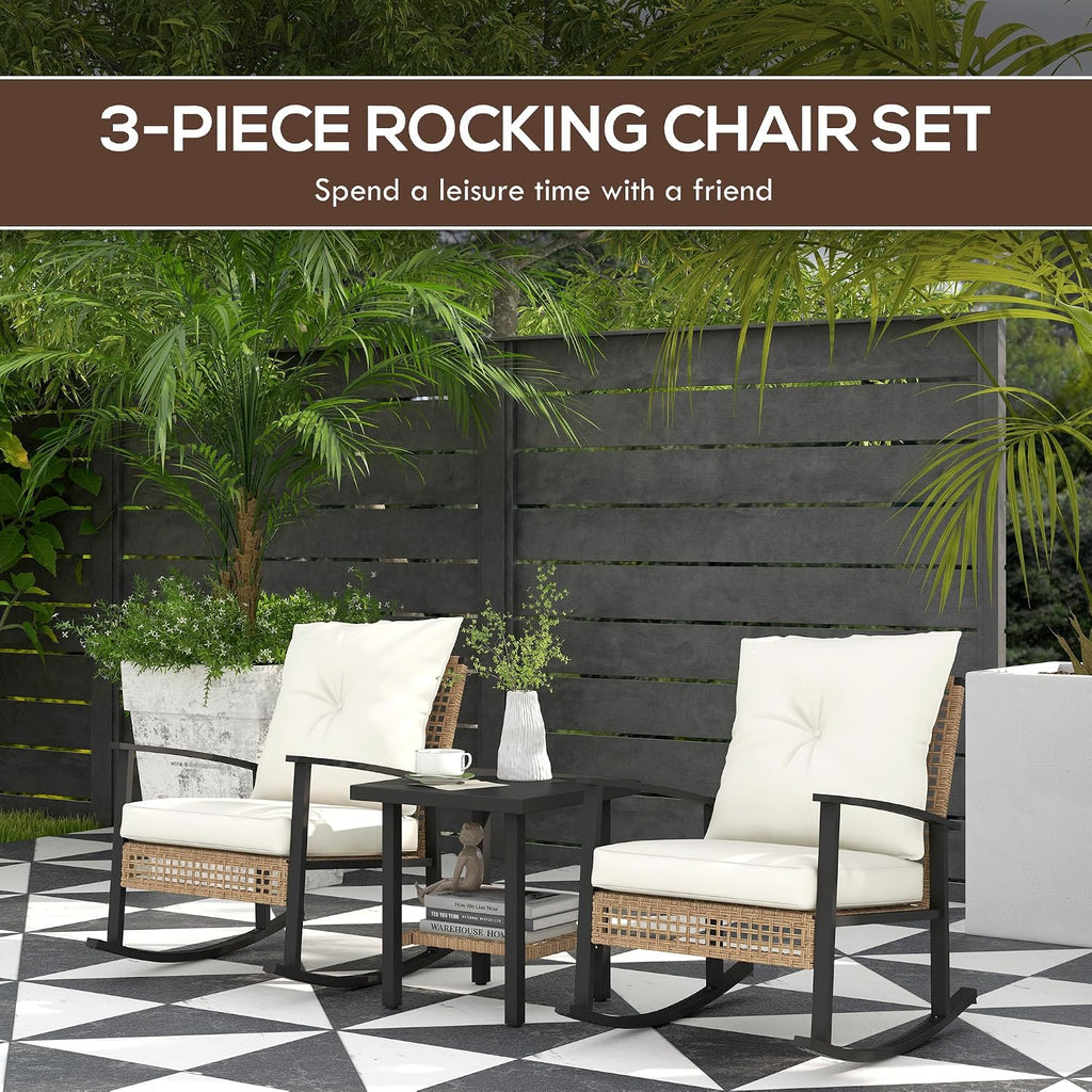 Outsunny 3 Pieces Rocking Wicker Outdoor Bistro Set, Rattan Patio Furniture Set with Coffee Table and Porch Chairs, Button Tufted Cushions for Backyard, Balcony, Garden, White