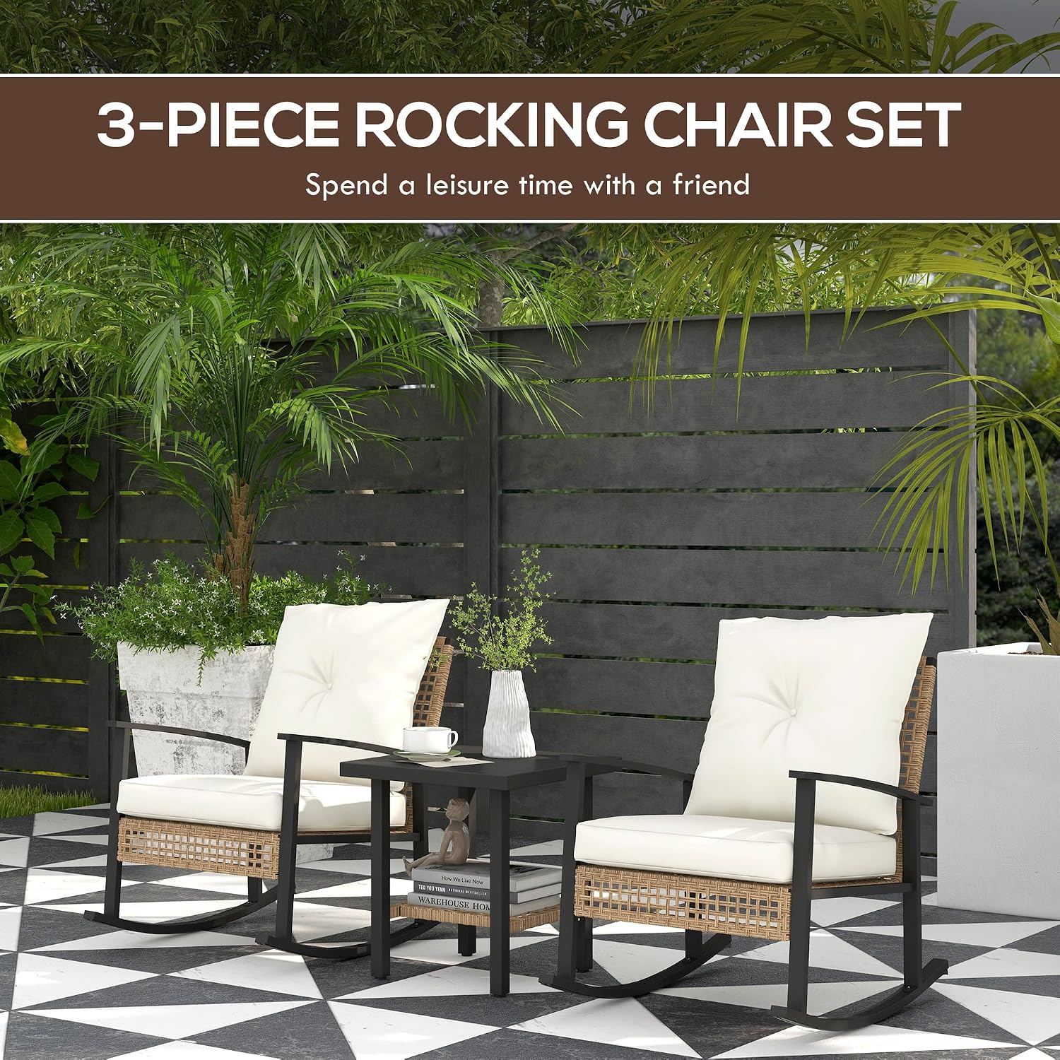 Outsunny 3 Pieces Rocking Wicker Outdoor Bistro Set, Rattan Patio Furniture Set with Coffee Table and Porch Chairs, Button Tufted Cushions for Backyard, Balcony, Garden, White