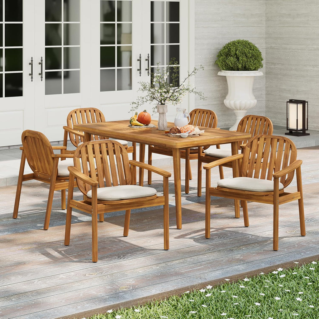 Christopher Knight Home Meja Acacia Wood Outdoor Dining Set for 6, Wooden 7 Piece Patio Dining Table Set, Wooden Outdoor Dining Armchair and Table Set with Cushion, Patio Furniture Set, Teak+Beige