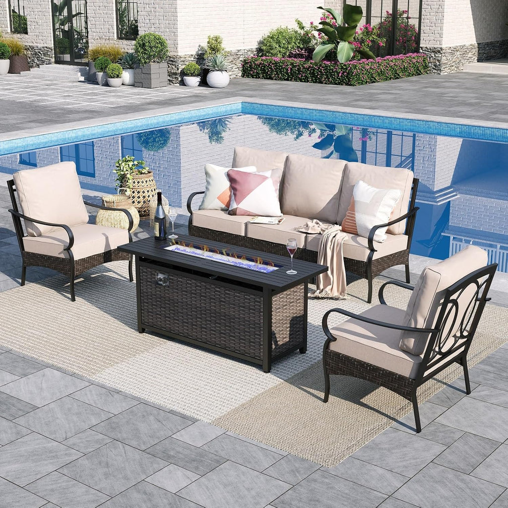 Sophia & William Patio Furniture Set with Fire Pit Table, 4 PCS Metal Outdoor Conversation Set with Fire Pit Table, 2 Sofa Chairs,3-Seater Couch for Outdoor Seating, Backyard, Porch(Beige)