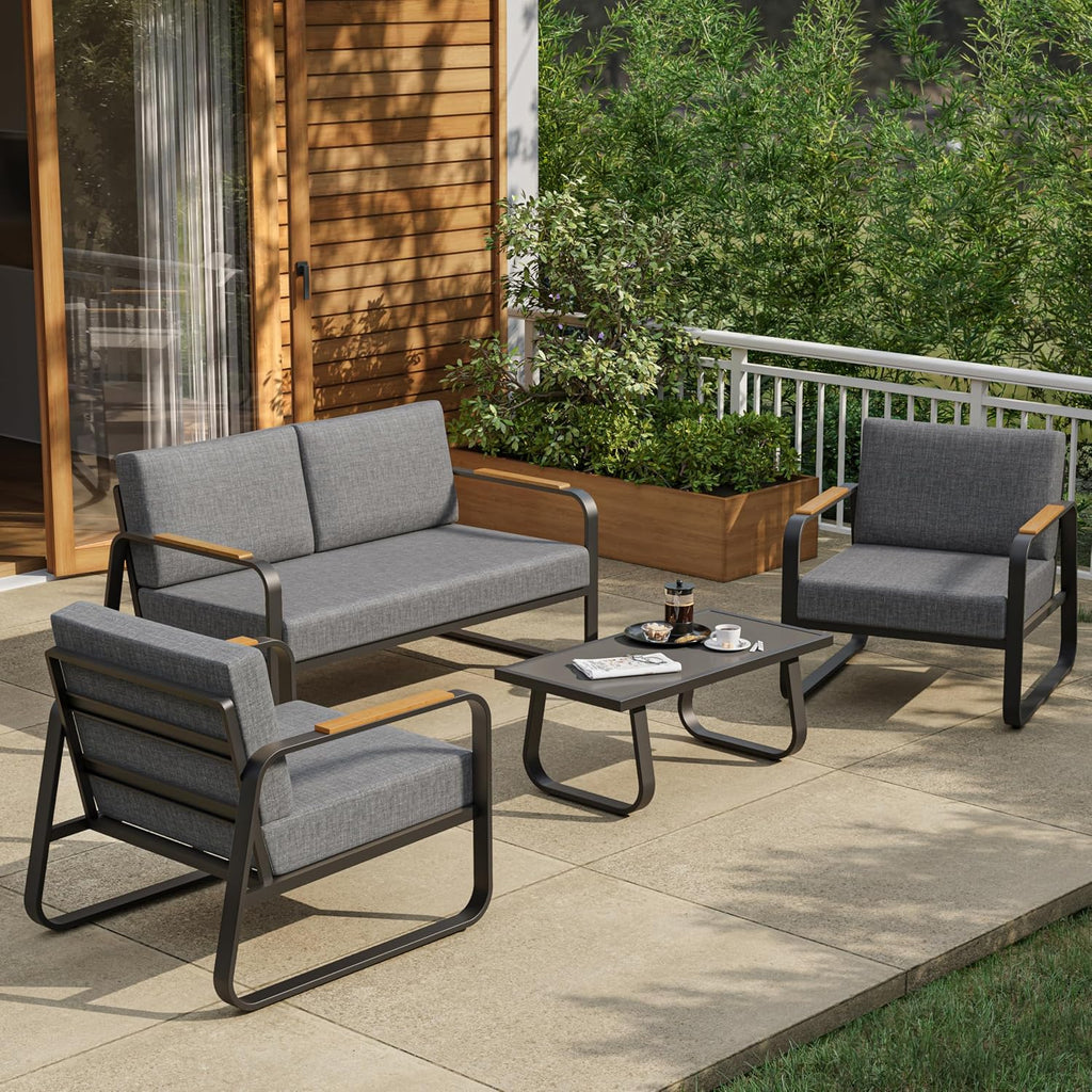 East Oak 4-Piece Patio Furniture Set, Outdoor Patio Set w/Removable & Washable Deep Seating Cushion, Outside Patio Conversation Sets for Backyard, New Upgraded Design, Black & Misty Gray