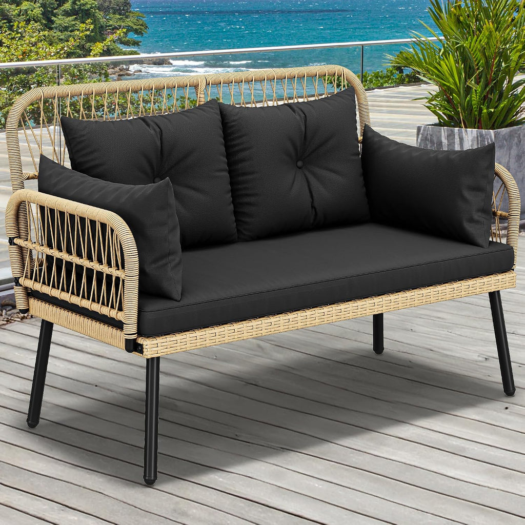 YITAHOME Patio Furniture Wicker Outdoor Loveseat, All-Weather Rattan Conversation for Backyard, Balcony and Deck with Soft Cushions (Light Brown+Black)