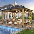 GARTOO 11'x13' Outdoor Wooden Gazebo - Patio Galvanized Steel Gazebo with Double Vented Roof, Heavy-Duty Wooden Gazebos for Garden, Lawn, Poolside, Backyard Deck
