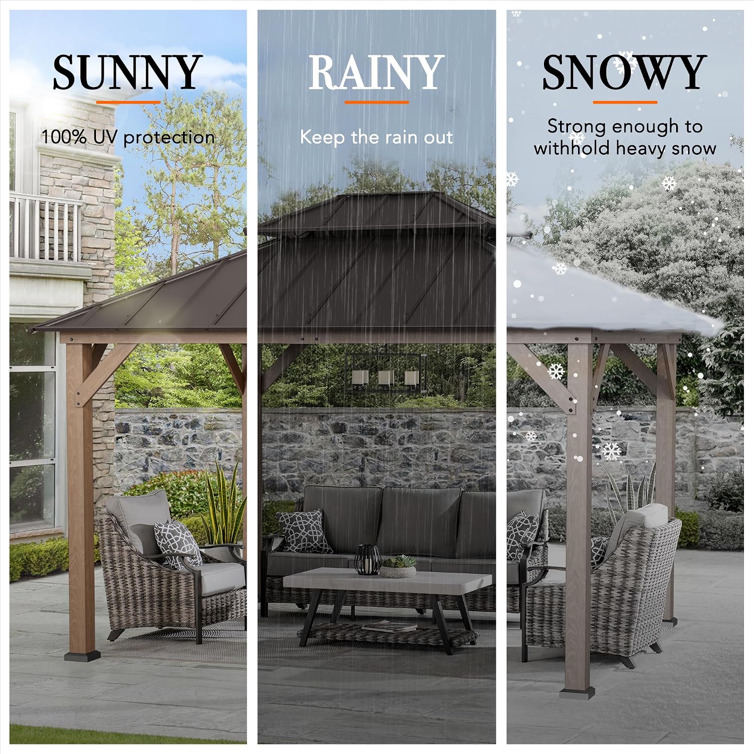 Sunjoy 10 x 12 ft. Wood Gazebo, Outdoor Patio Steel Hardtop Gazebo, Cedar Framed Wooden Gazebo with 2-Tier Metal Roof, Suitable for Patios, Lawn and Backyard, Dark Brown Roof + Dark Wood Frame