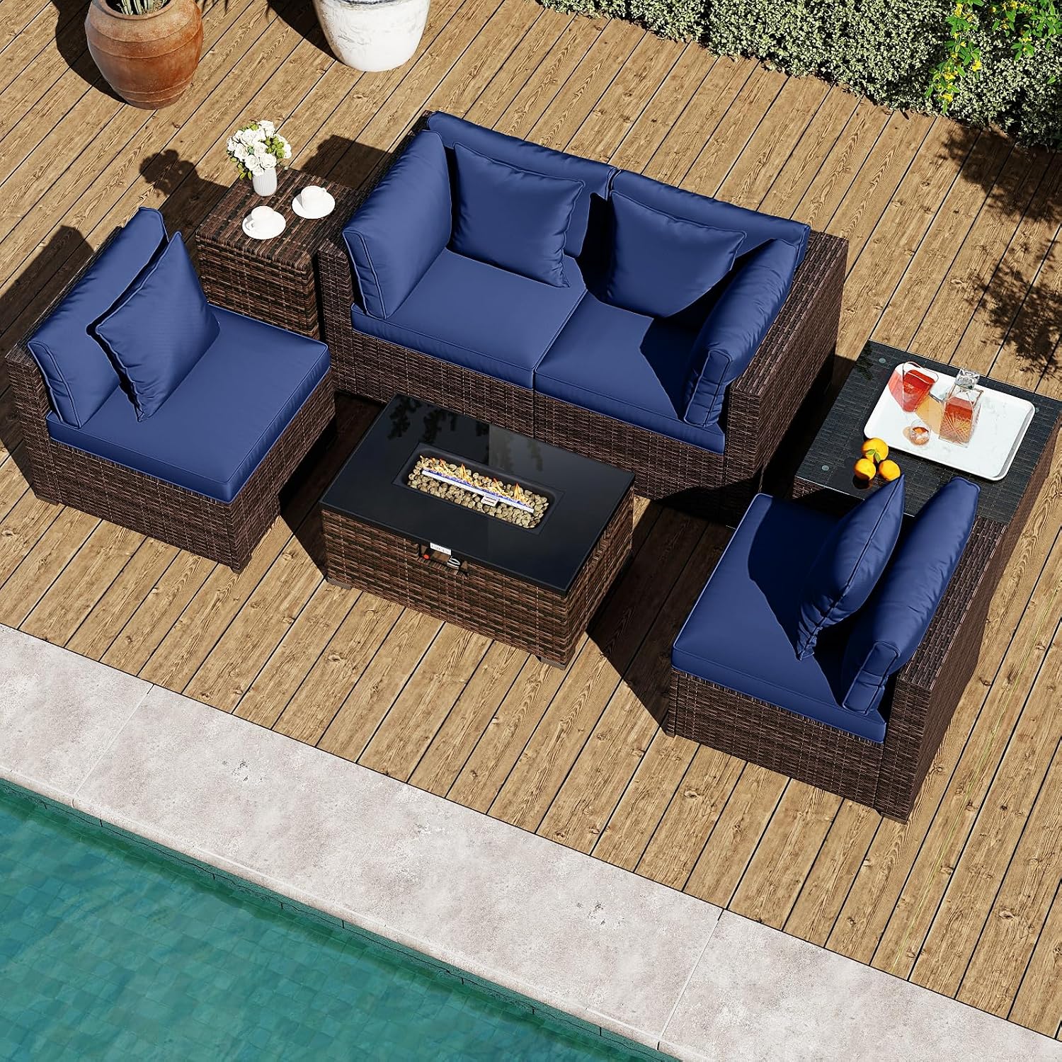 Tangkula 7 Pieces Wicker Patio Furniture Set with 40,000 BTU Gas Fire Pit Table & Propane Tank Cover Table & Glass Top Coffee Table, for Garden, Backyard and Poolside (Navy)