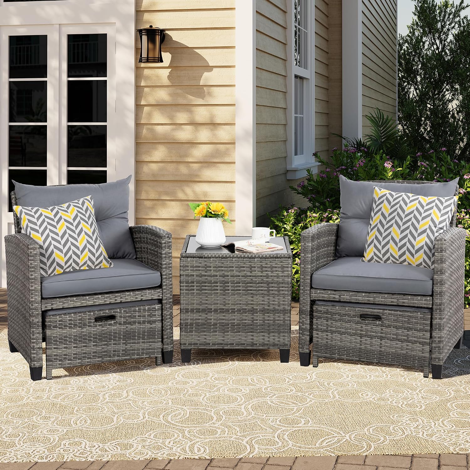 Vongrasig 5 Piece Patio Furniture Set, Small Balcony Furniture, PE Wicker Rattan Patio Chairs Set of 2, Outdoor Lounge Chairs with Cushions Ottomans &Glass Table for Porch Garden(Light Grey)
