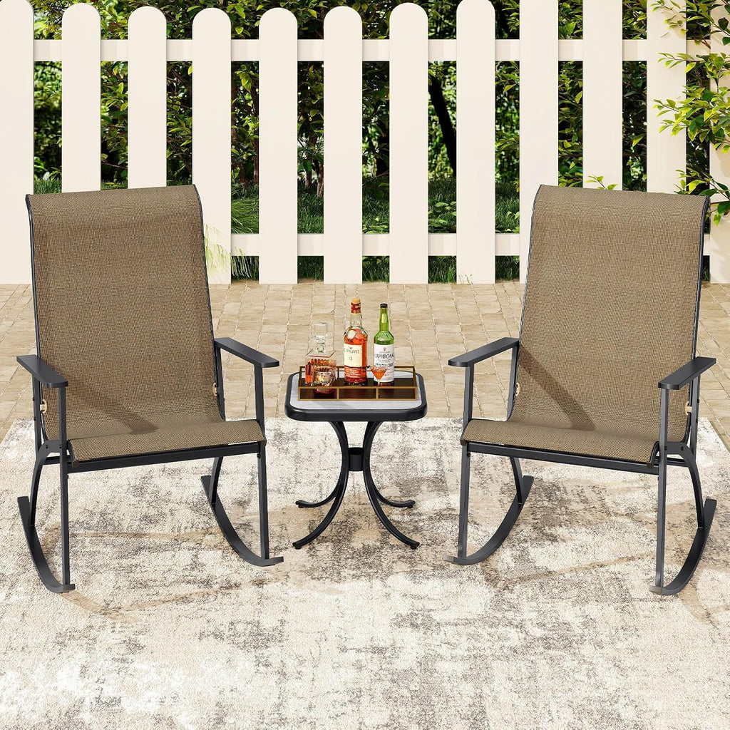 Giantex 3 Piece Rocking Bistro Set, Outdoor Patio Furniture Set with 2 Rocking Chairs & Coffee Table, Cozy Armrests, Heavy-Duty Metal Frame, for Balcony, Porch, Yard, Poolside (Brown)