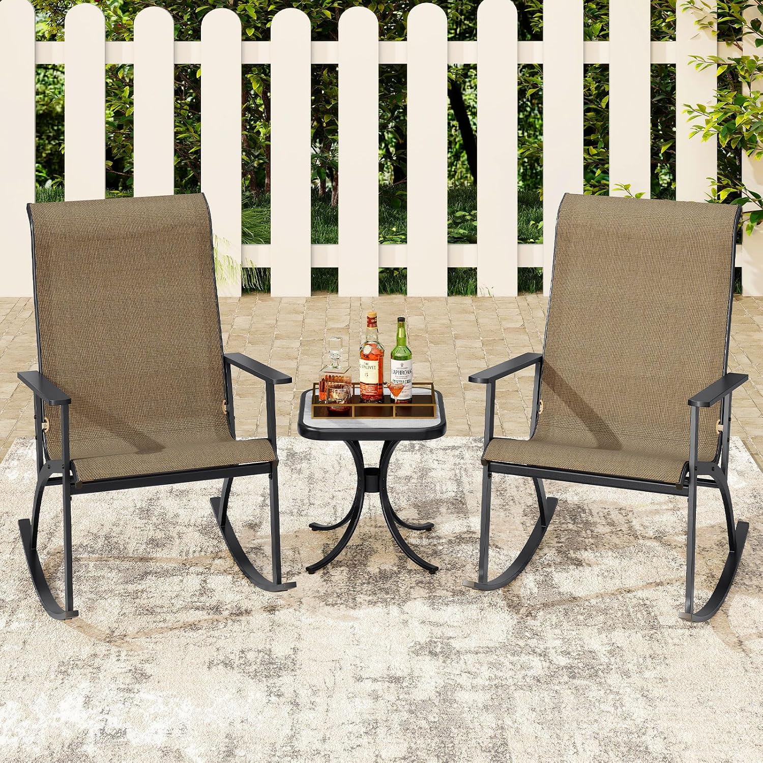 Giantex 3 Piece Rocking Bistro Set, Outdoor Patio Furniture Set with 2 Rocking Chairs & Coffee Table, Cozy Armrests, Heavy-Duty Metal Frame, for Balcony, Porch, Yard, Poolside (Brown)