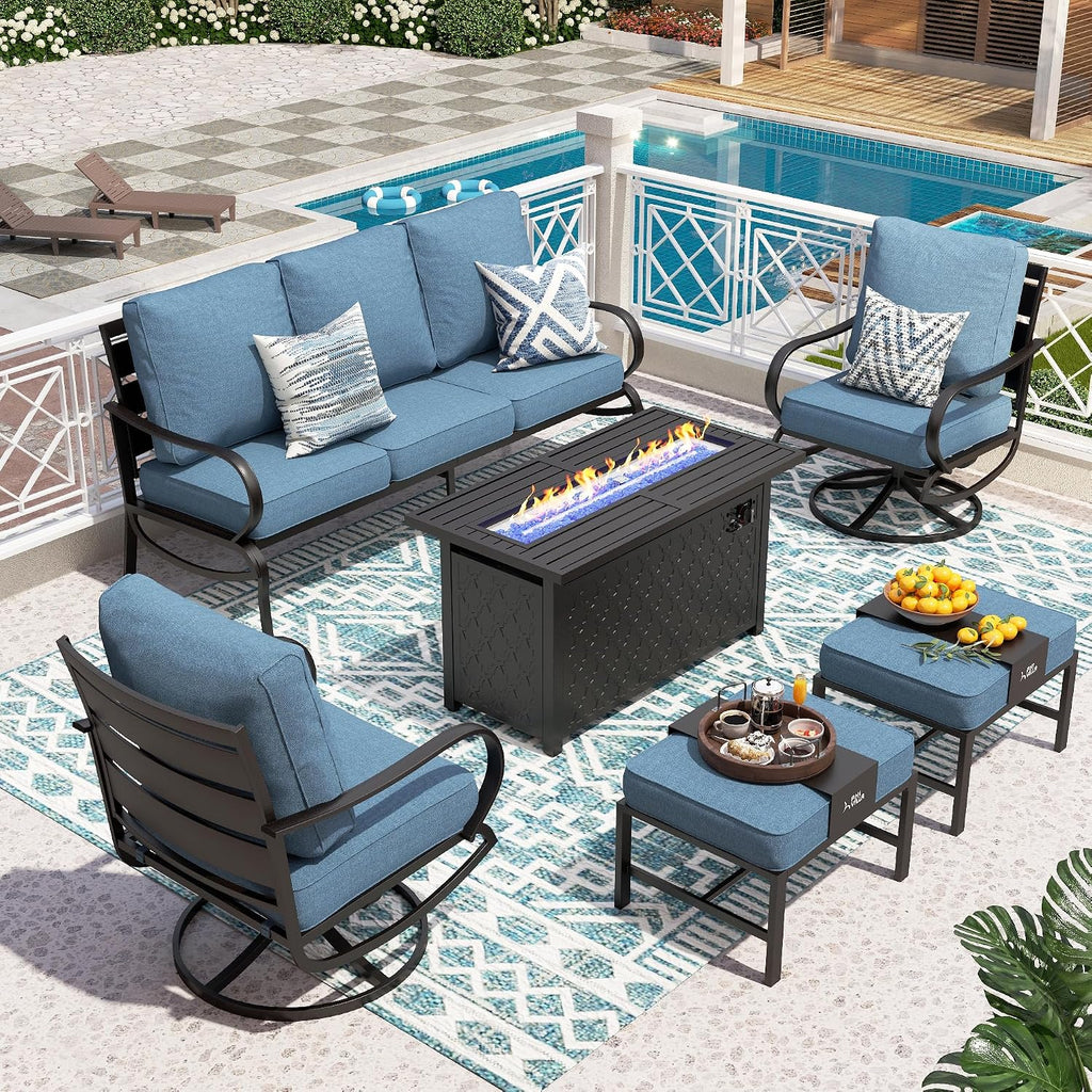 PHI VILLA Patio Furniture Set with FirePit Table, Outdoor Furniture with 1 x 3-Seat Deep Seating Bench, 2 x Swivel Sofa Chairs & 2 Ottomans, 5.75' Cushioned Outdoor Conversation Set for 5, Navy Blue