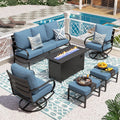 PHI VILLA Patio Furniture Set with FirePit Table, Outdoor Furniture with 1 x 3-Seat Deep Seating Bench, 2 x Swivel Sofa Chairs & 2 Ottomans, 5.75' Cushioned Outdoor Conversation Set for 5, Navy Blue