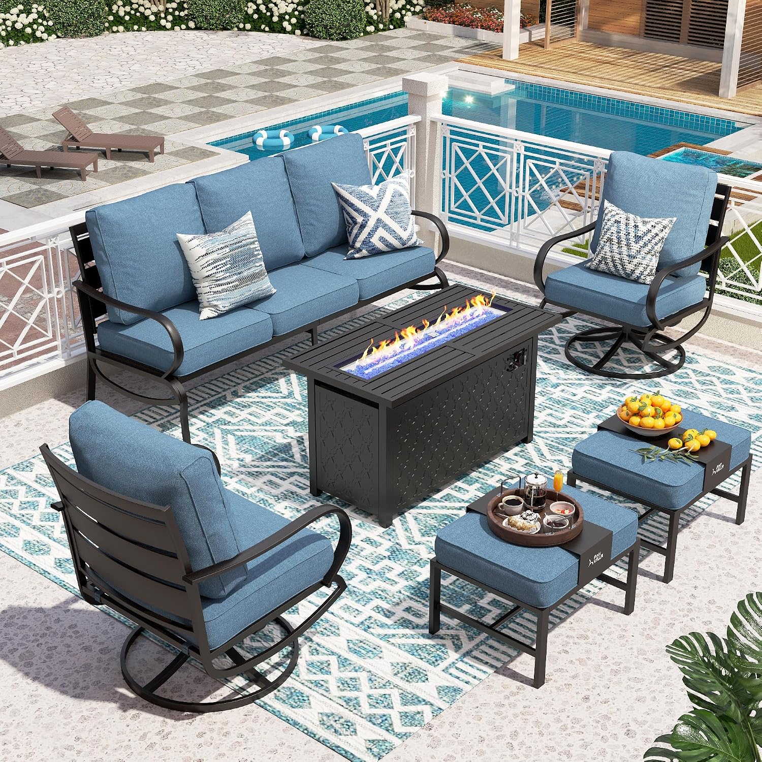 PHI VILLA Patio Furniture Set with FirePit Table, Outdoor Furniture with 1 x 3-Seat Deep Seating Bench, 2 x Swivel Sofa Chairs & 2 Ottomans, 5.75' Cushioned Outdoor Conversation Set for 5, Navy Blue