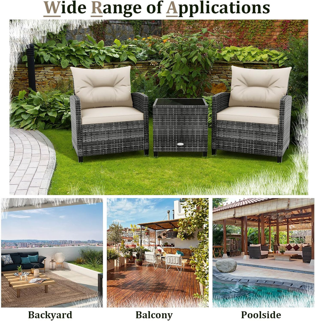 RELAX4LIFE 3 Piece Patio Furniture Set, Wicker Bistro Conversation Set w/2 Cushioned Armchairs & Glass Topped Table, Outdoor Rattan Sofa Set Patio Furniture for Porch Balcony Poolside (Grey-White)