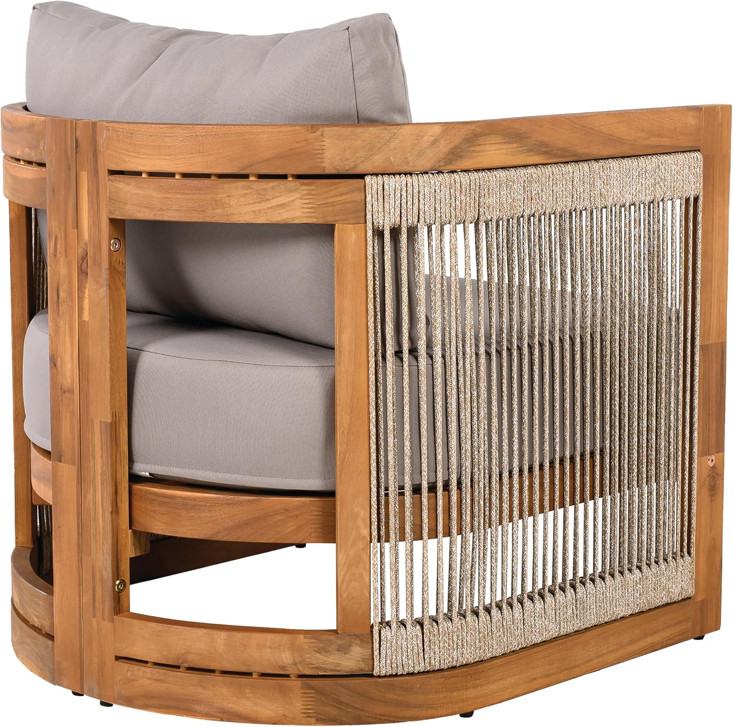 Merax 4-Piece Patio Premium Acacia Wood Outdoor Furniture Set,All Weather Curved Tub Design with Woven Rope Accents Loveseat Chairs and Table for Backyard, Balcony and Deck,Teak+Grey