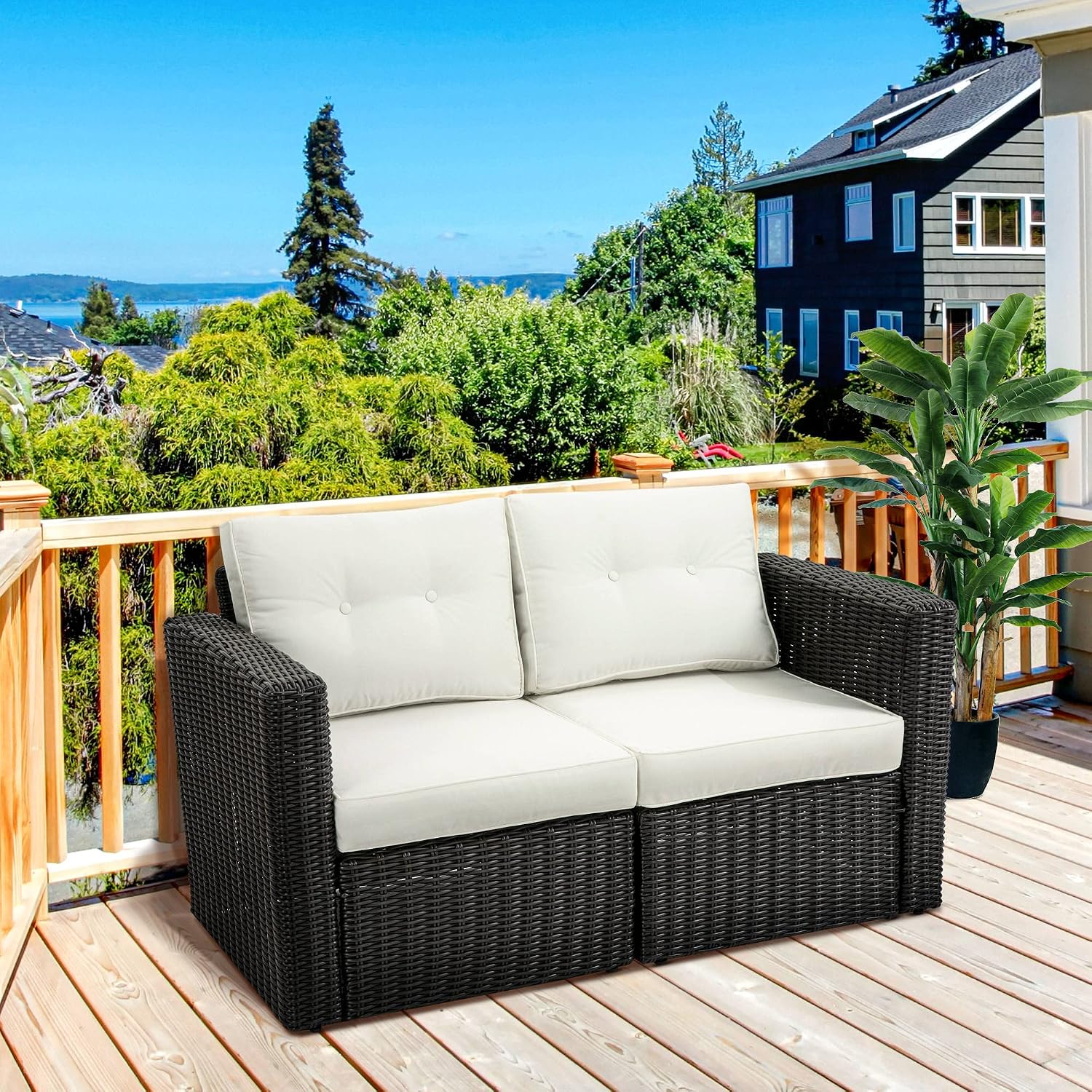 Outsunny 2 Piece Patio Wicker Corner Sofa Set, Outdoor PE Rattan Furniture, with Curved Armrests and Padded Cushions for Balcony, Garden, or Lawn, Beige