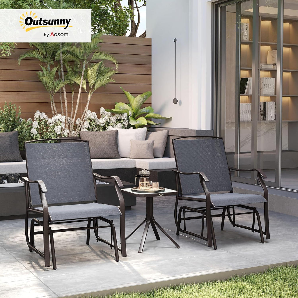 Outsunny 3 Piece Outdoor Glider Chair with Coffee Table Bistro Set, 2 Patio Rocking Swing Chairs with Breathable Sling Fabric, Glass Tabletop, for Backyard, Garden and Porch, Gray