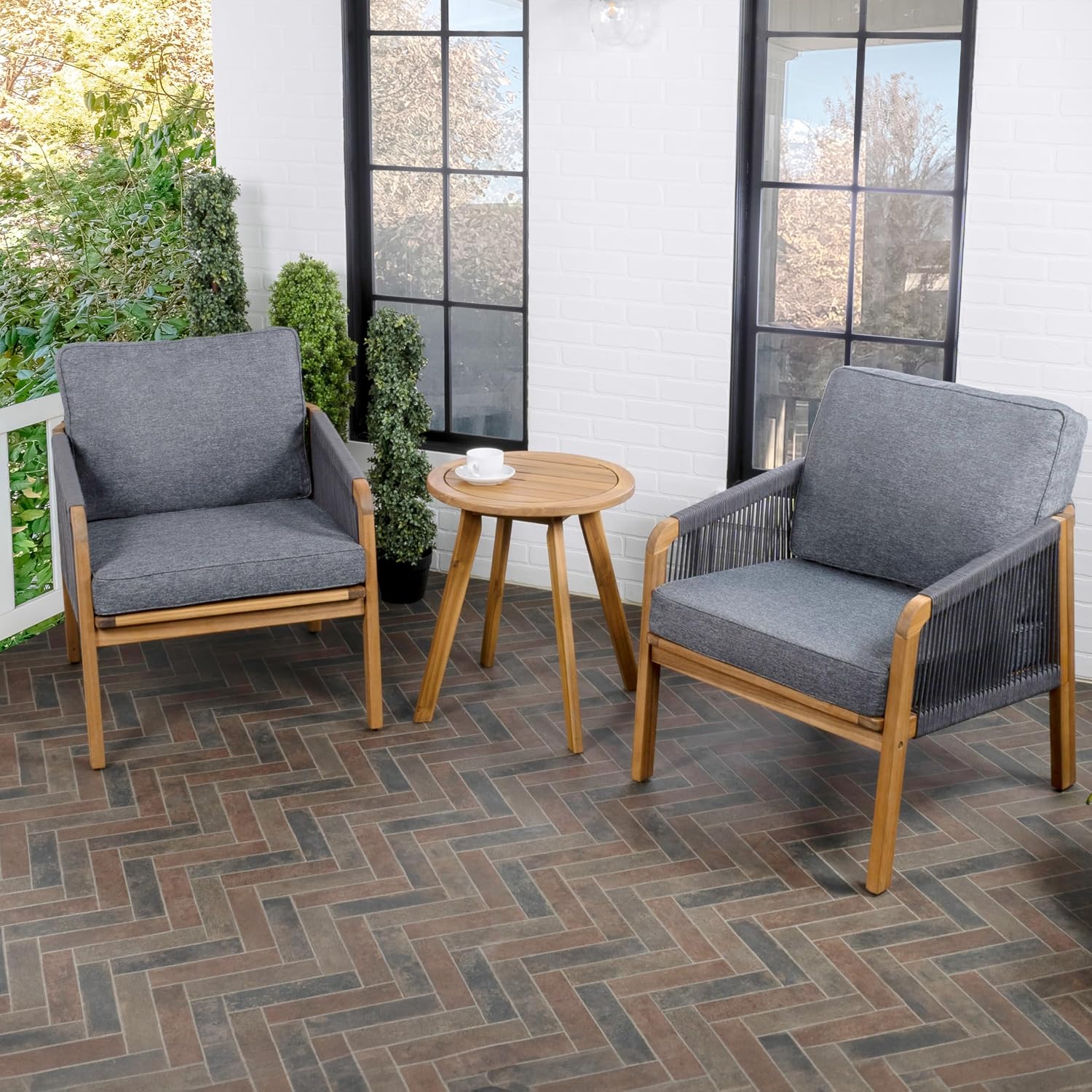 JONATHAN Y LVG1203B-3SET Aveiro 3-Piece Modern Bohemian Roped Acacia Wood Conversation Outdoor Patio Set with Cushions, Coastal, Contemporary, Transitional, Rustic, Cottage Gray/Teak Brown