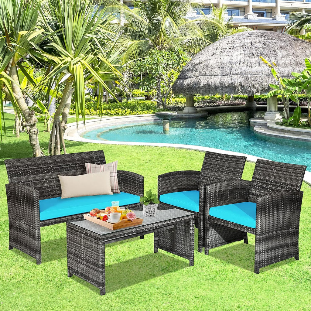 Goplus 4-Piece Rattan Patio Furniture Set, Outdoor Wicker Conversation Sofa with Weather Resistant Cushions and Tempered Glass Tabletop for Lawn Backyard Pool Garden (Turquoise)