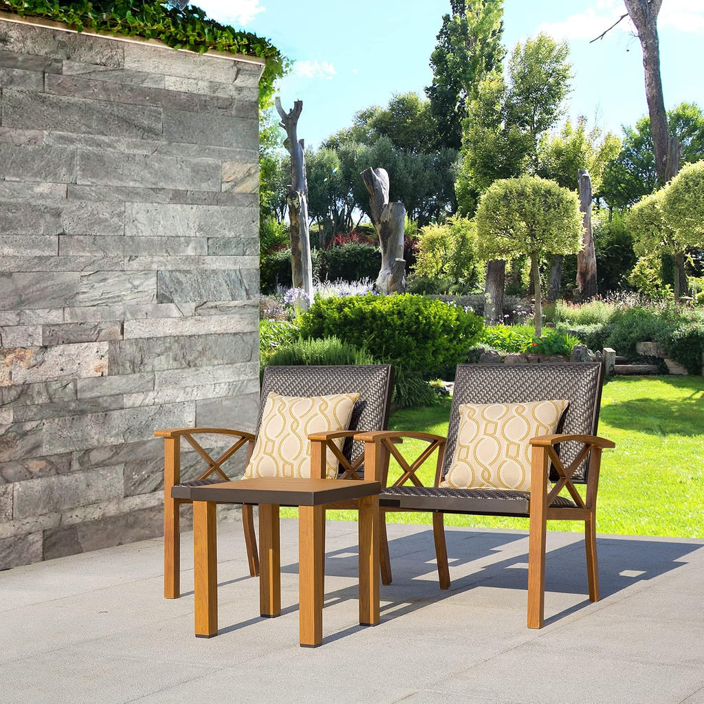 Domi Patio Bistro Set 3 Pieces with Wood Grain Aluminum Wicker Padded Porch Chairs,Coffee Table,Outdoor Conversation Set with Beige Waterproof Pillows