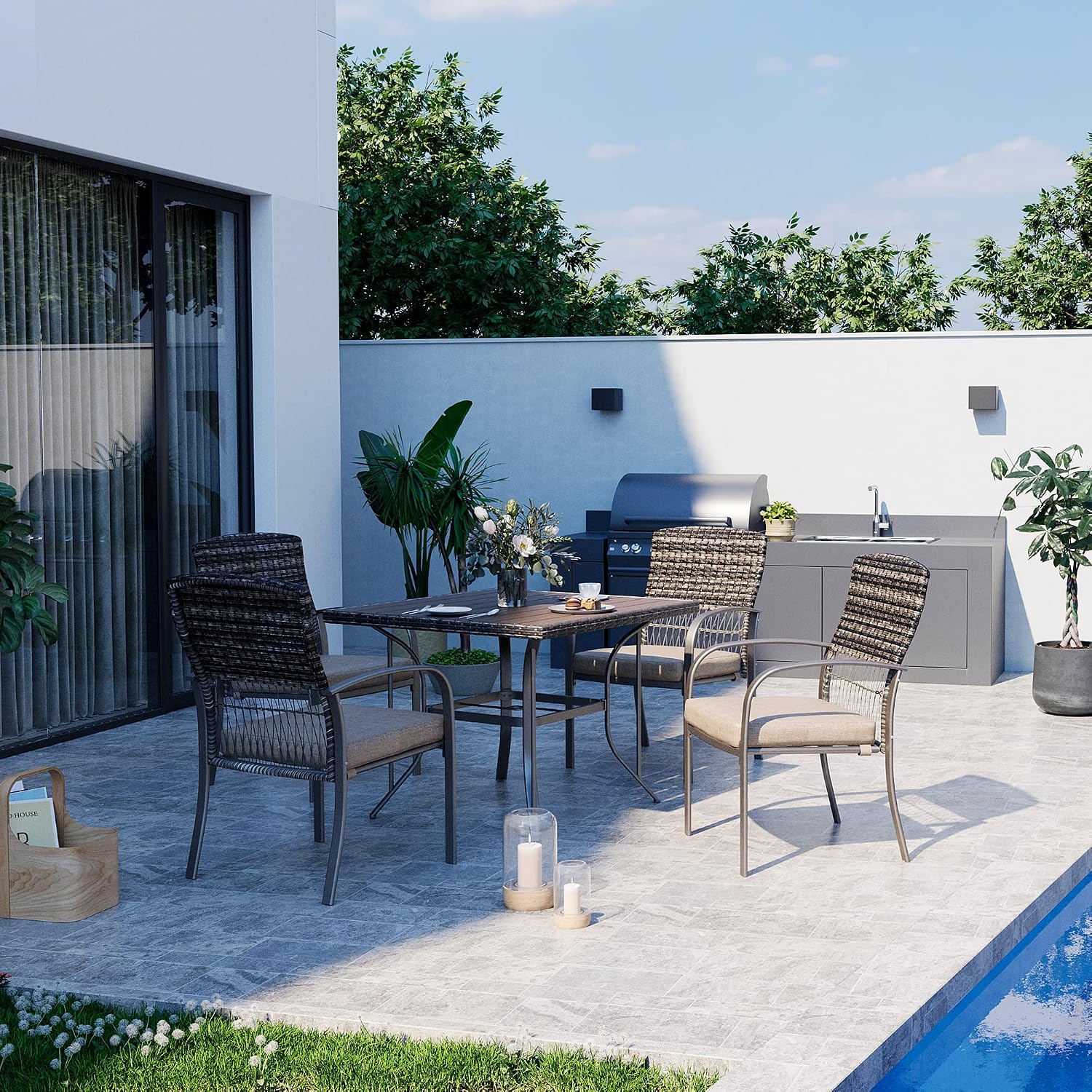 Pamapic Outdoor 5-Piece Patio Dining Set, Weather Resistant PE Rattan Table and Chairs, Comfortable Cushions, Easy Maintenance, 5 PCS, Beige