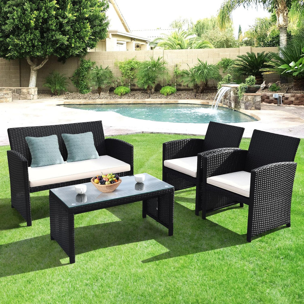 Goplus 4-Piece Rattan Patio Furniture Set, Outdoor Wicker Conversation Sofa with Weather Resistant Cushions and Tempered Glass Tabletop for Lawn Backyard Pool Garden (White(Black Wicker))