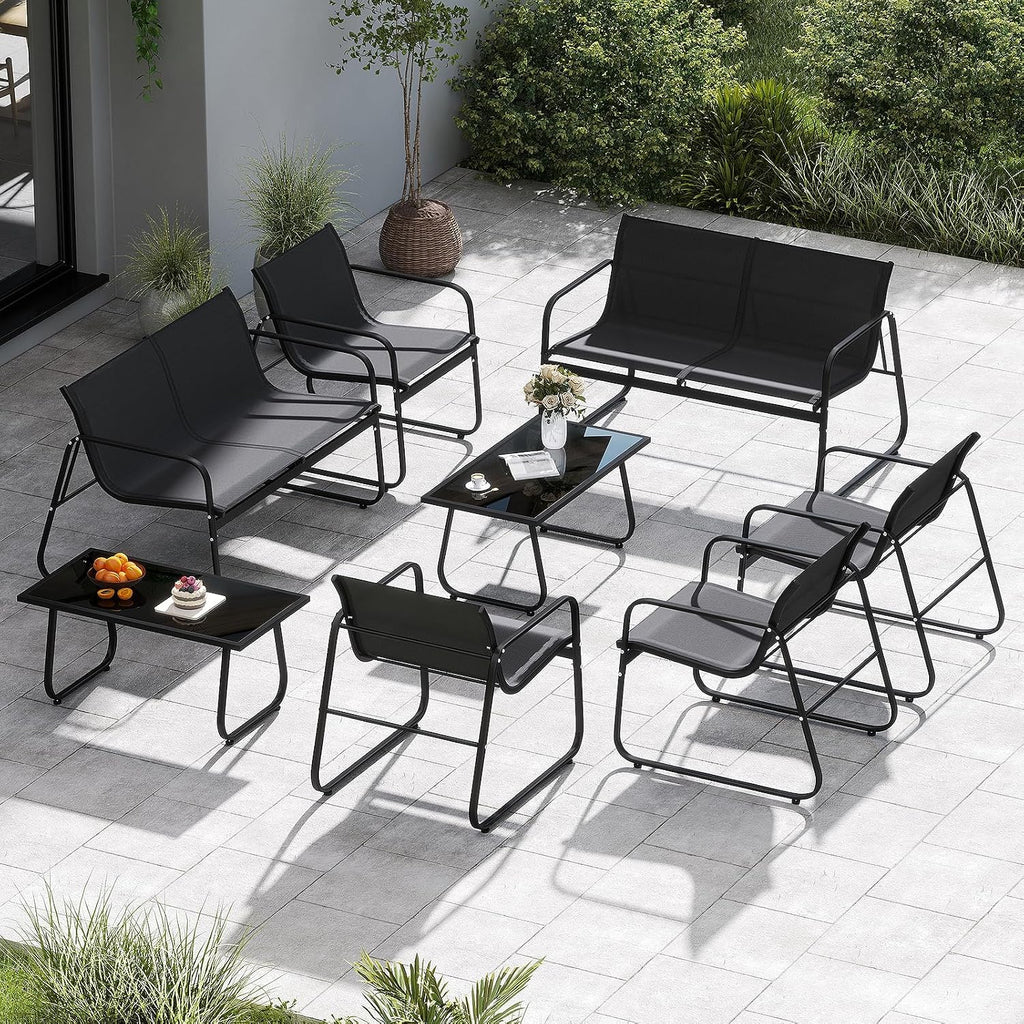 Tangkula 8 Piece Patio Furniture Set, Outdoor Metal Conversation Chair & Coffee Table Set with Mesh Seat Fabric & Tempered Glass Tabletop, Outside Bistro Set for Backyard, Porch, Poolside (Black)