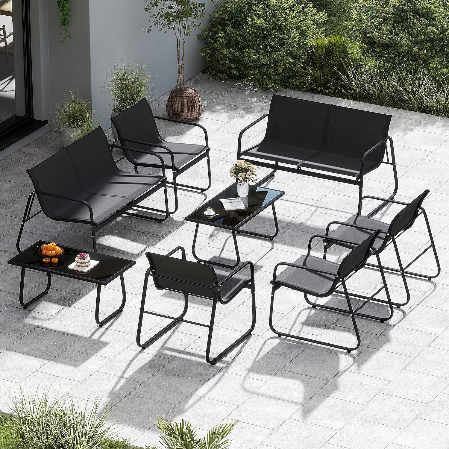 Tangkula 8 Piece Patio Furniture Set, Outdoor Metal Conversation Chair & Coffee Table Set with Mesh Seat Fabric & Tempered Glass Tabletop, Outside Bistro Set for Backyard, Porch, Poolside (Black)