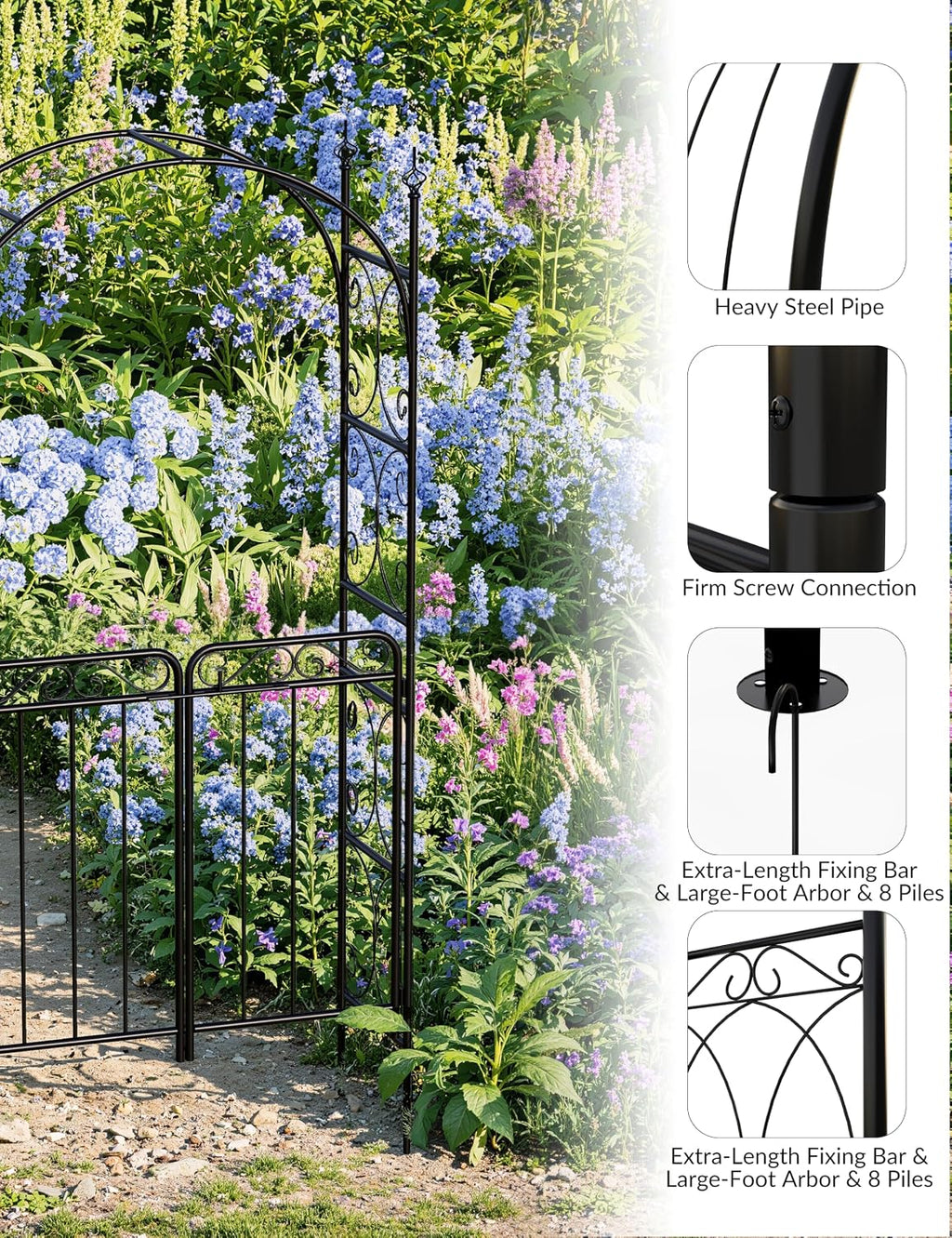 8FT Elegant Garden Arch with Double Gates - Metal Wedding Arbor for Outdoor Ceremonies, Sturdy Steel Trellis for Roses, Vines & Climbing Plants, Perfect for Patio, Lawn & Backyard Decor