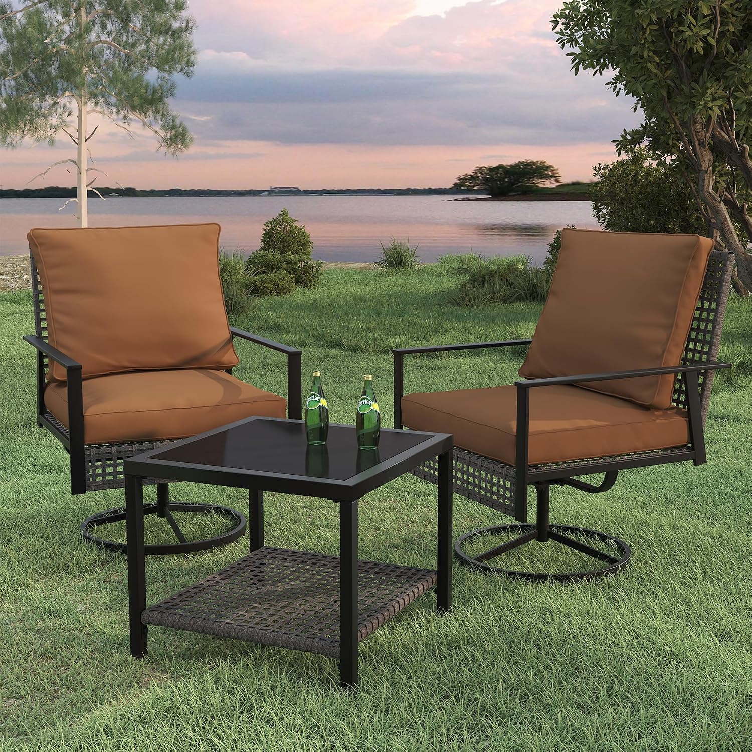 Ainfox 3 Pieces Patio Wicker Chairs Swivel Rocker, Outdoor Swivel Rocker Patio Chairs with Rattan Side Table, Patio Furniture Set for Patio Balcony Pool, Brown